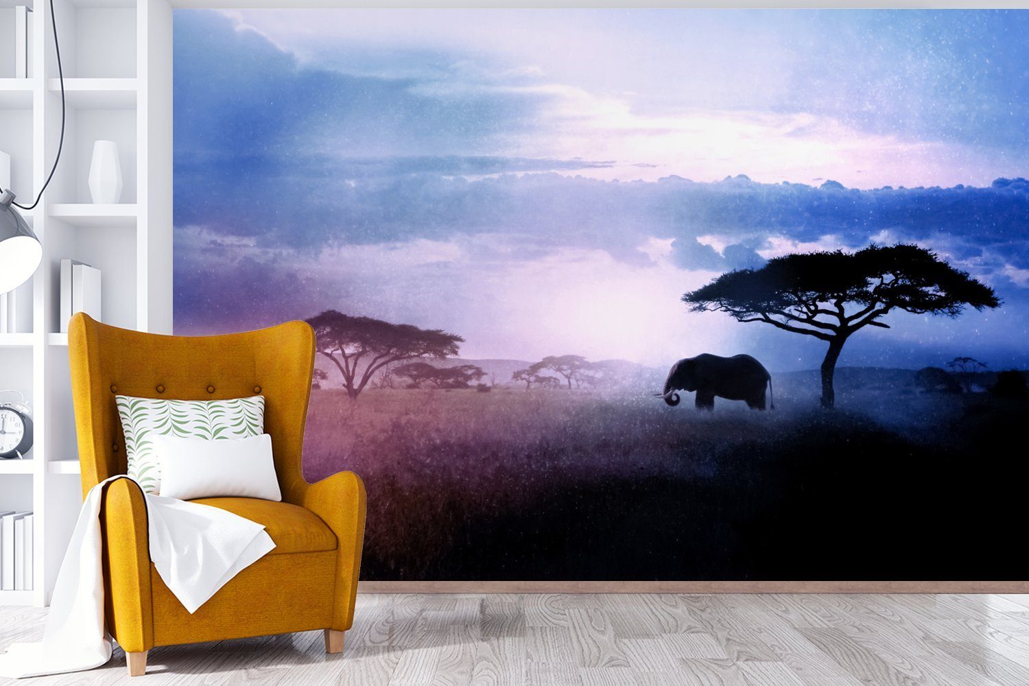 St), Wohnzimmer, Matt, Fototapete Wallpaper Vinyl MuchoWow Elefant Vintage (6 Tapete Schlafzimmer, bedruckt, für Kinderzimmer, - Blau, -