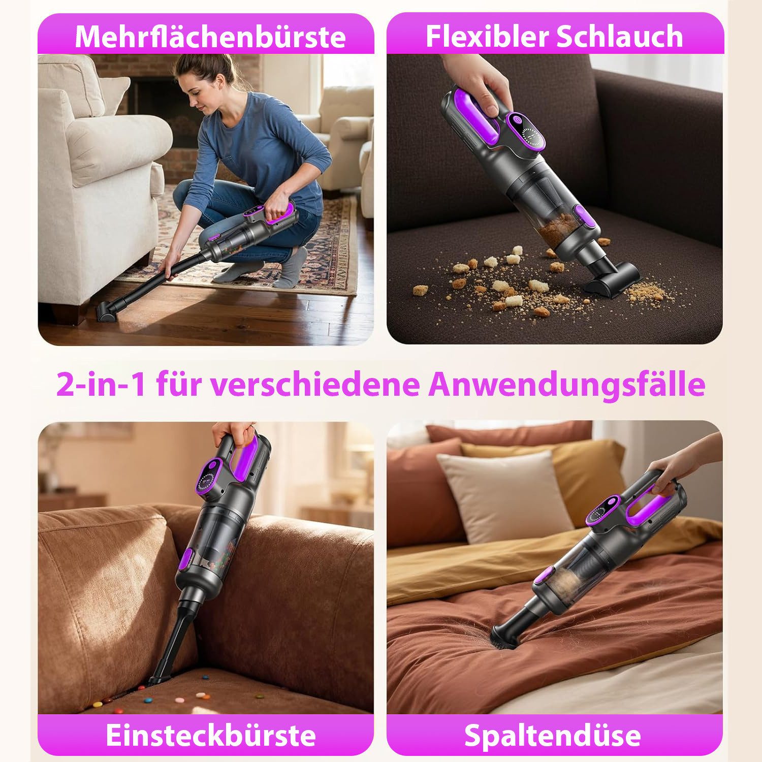 AKKEE Akku-Handstaubsauger Akku-Handstaubsauger Kabellos, Kompakter Akkustaubsauger, 65 W lila