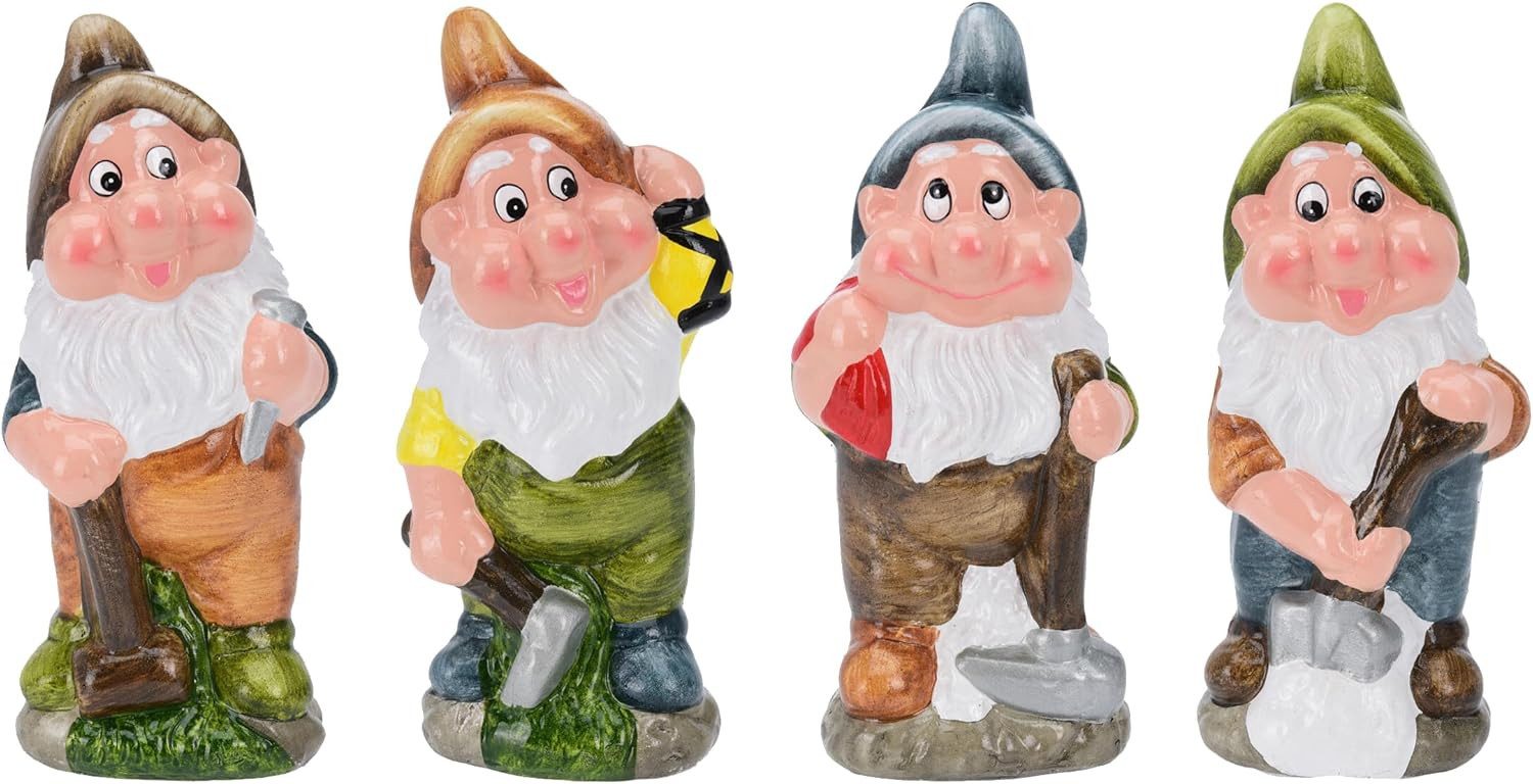 mucHome Gartenzwerg 4er Set Höhe 20cm, wetterfeste Keramik, Zwerge bei der Gartenarbeit