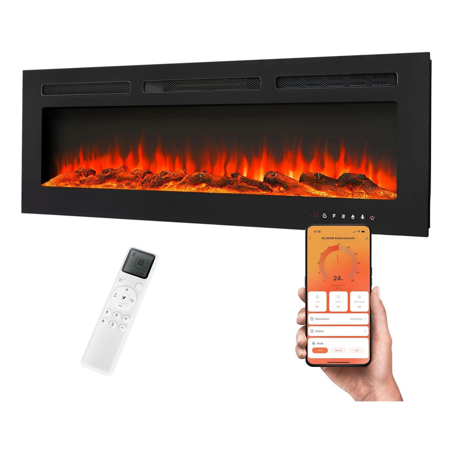 KLAMER Elektrokamin 1800W, Heizlüfter mit Thermostat 18–30°C, 9 Flammenfarben, Timer, WLA…, Smarte Steuerung, Individuelle Atmosphäre, Präzise Klimakontrolle