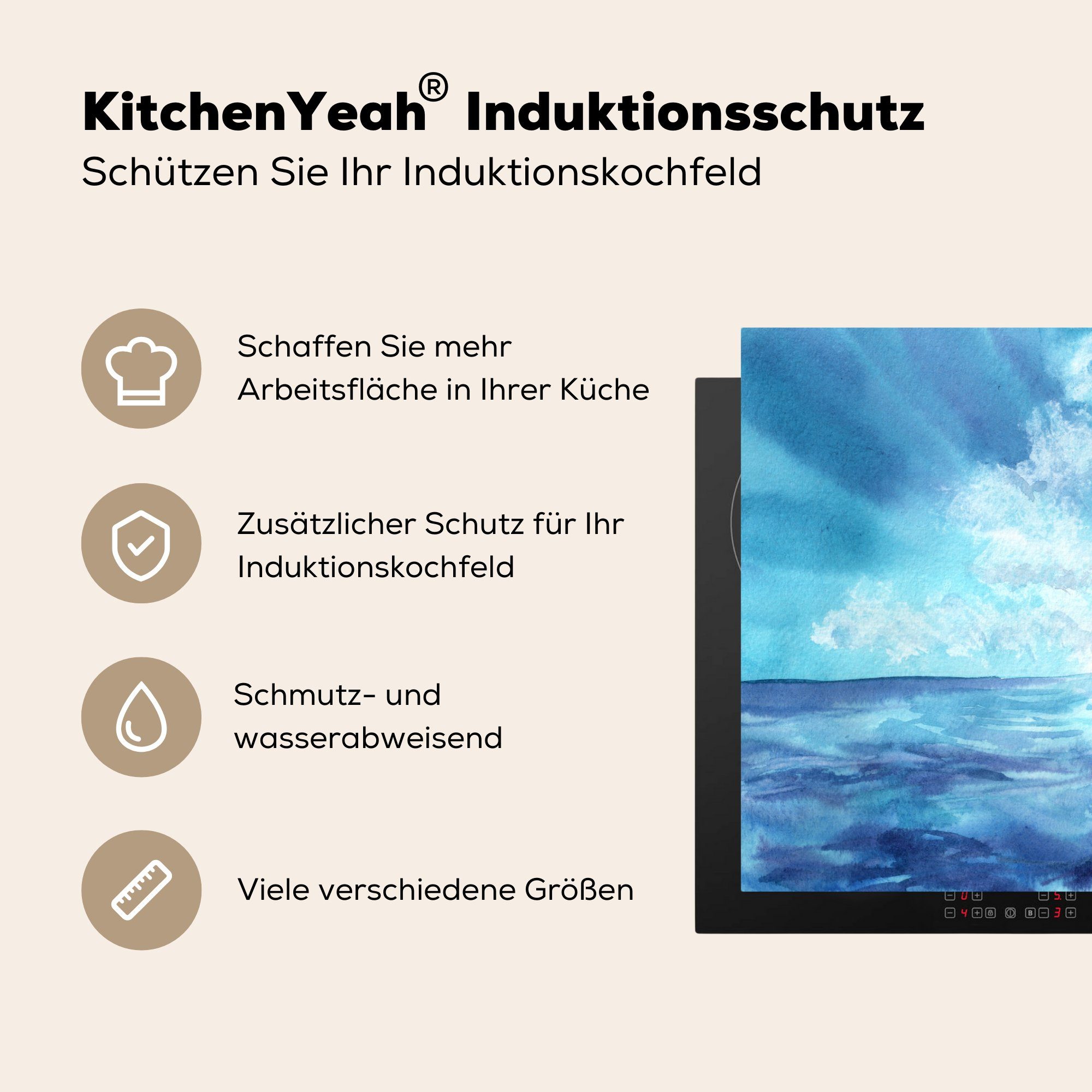 küche, (1 die Vinyl, für MuchoWow Schutz Induktionskochfeld Sonne, Herdblende-/Abdeckplatte - tlg), Himmel Ceranfeldabdeckung Meer - cm, 81x52