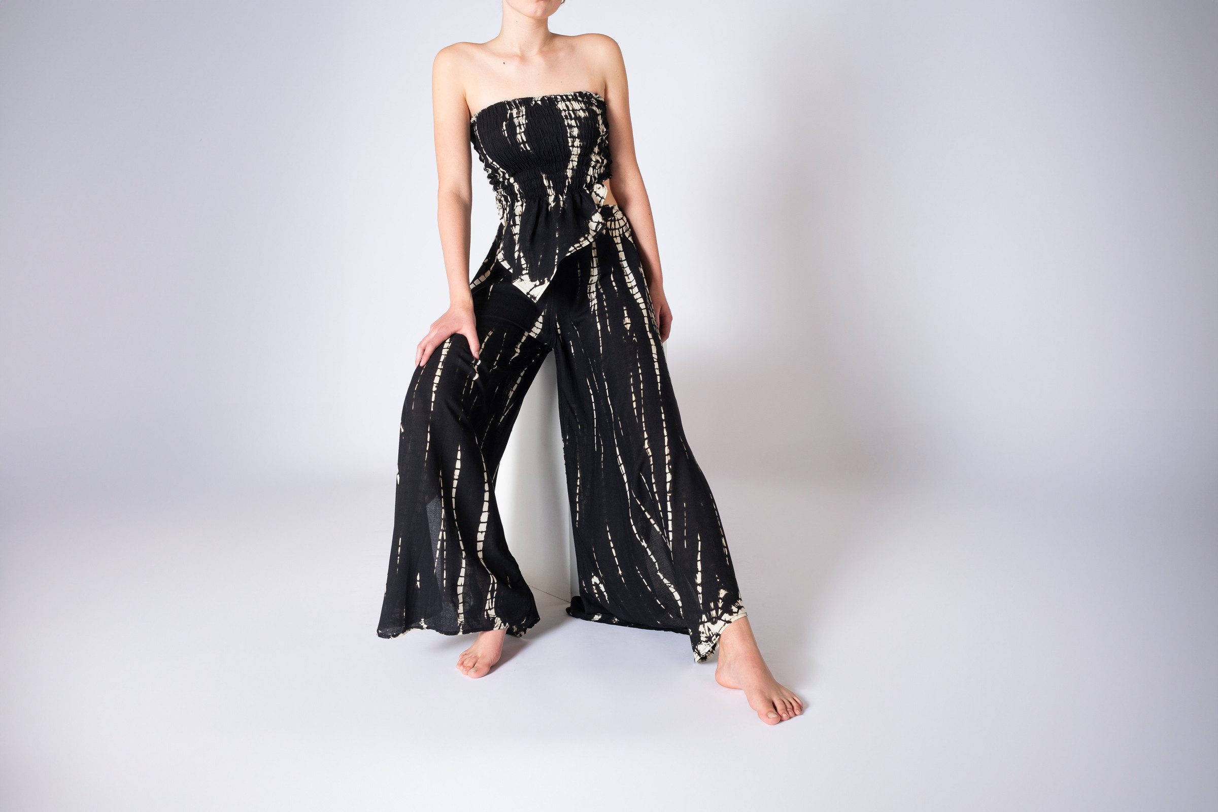 PANASIAM Tunikakleid Zweiteiler Set Bandeu-Top & Plisseehose mit Schlitz aus 100% Viskose Sexy Damenmode Bohokleid Sommerkleid Crop-Top Hosenkleid Maxikleid