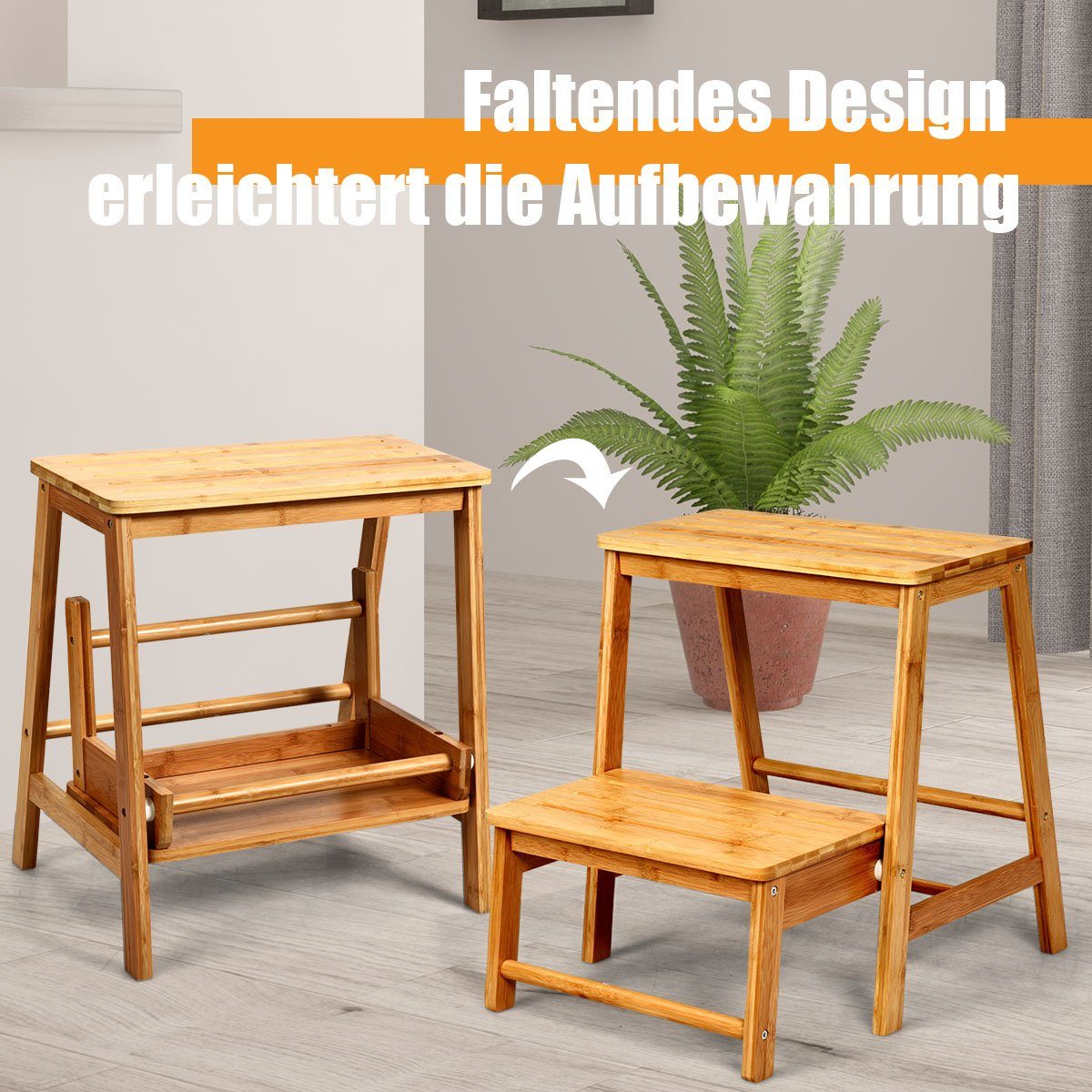 COSTWAY Klapptritt faltbar Klapphocker Holz, 2-Stufen, Bambus bis 100kg, 45x51x48cm – Bild 4 von 5