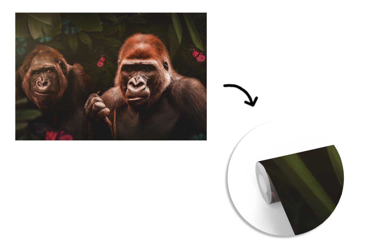 MuchoWow Fototapete Gorilla - Dschungel bedruckt, für Pflanzen Tapete Schlafzimmer, - St), Wallpaper Matt, Wohnzimmer, - Schmetterling, Kinderzimmer, (6 Vinyl