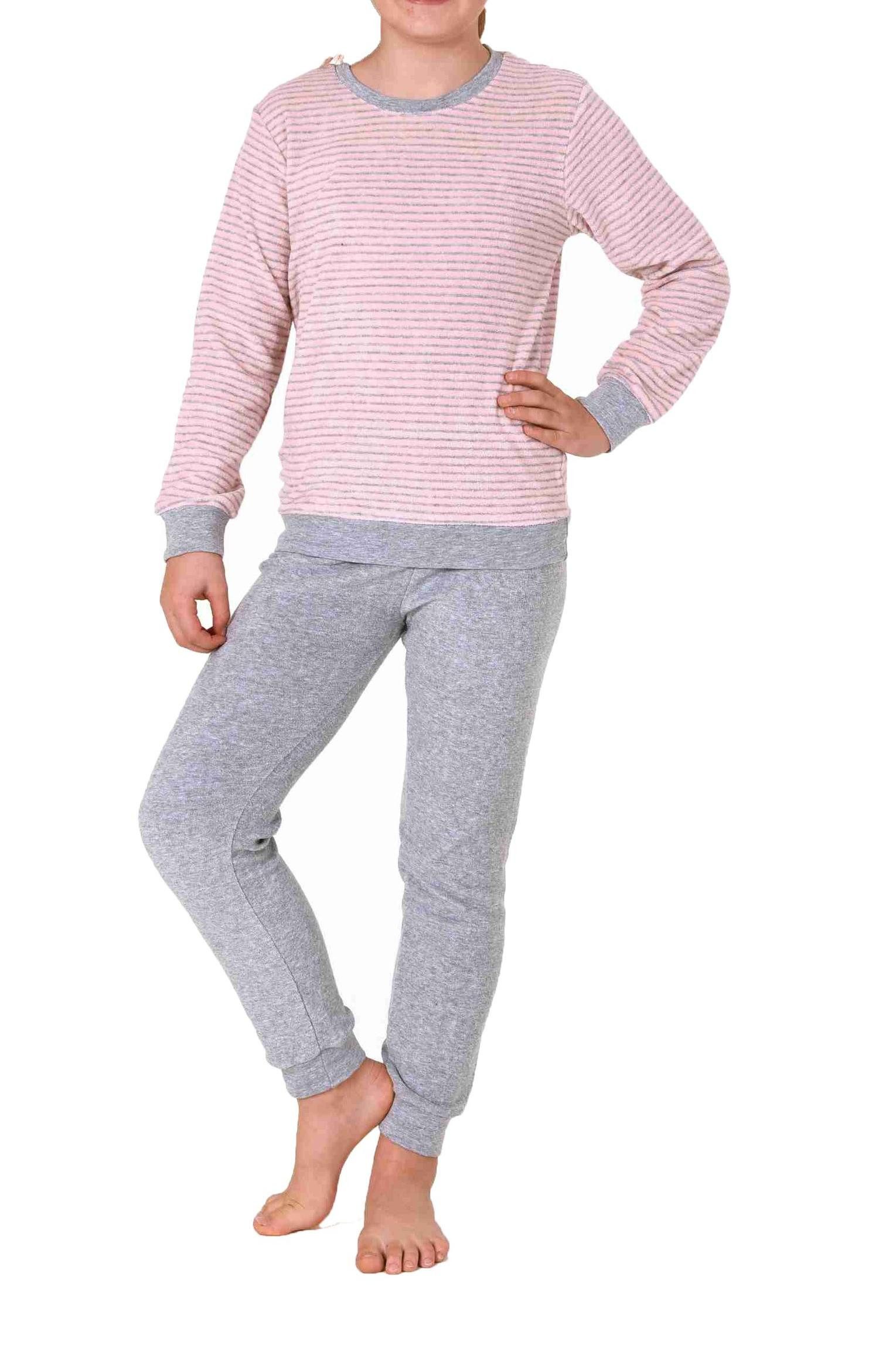 Normann Pyjama Mädchen Frottee Pyjama lang mit Bündchen Schlafanzug mit Herz Motiv