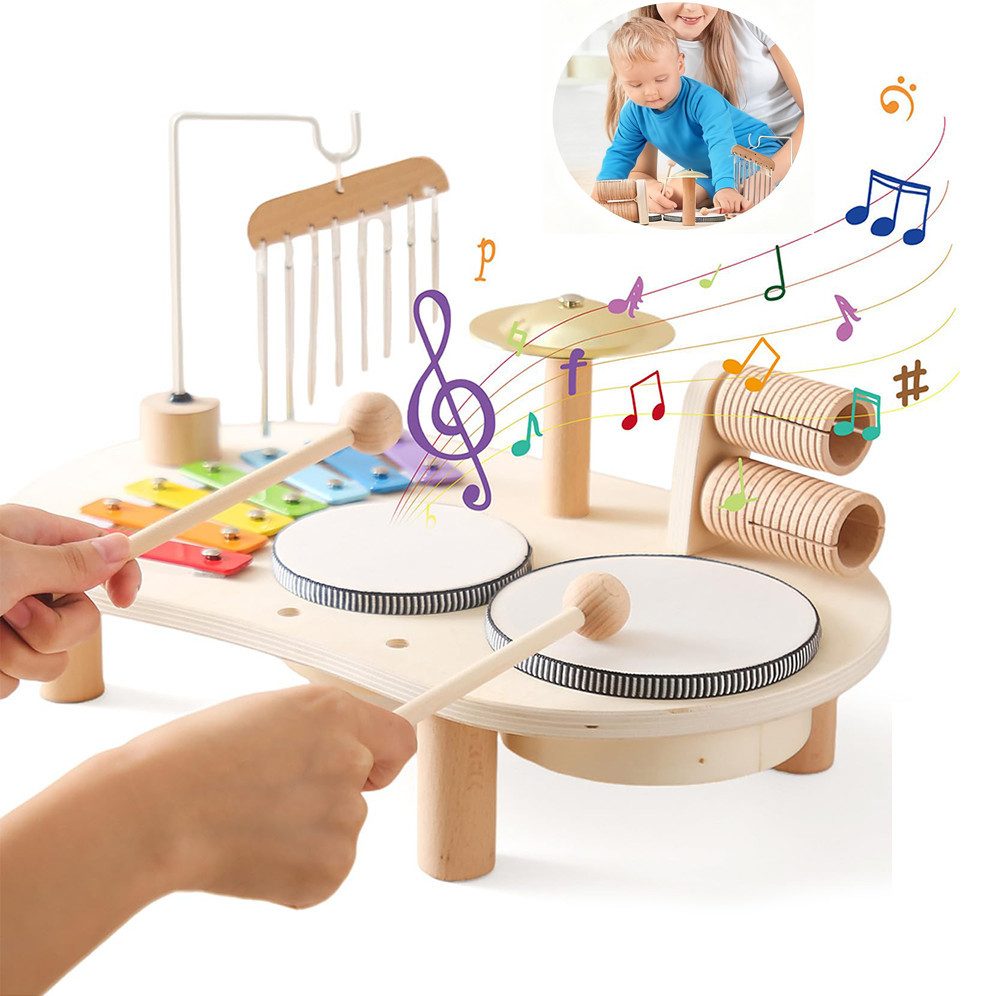 CLTYQ Игрушки-Musikinstrument 7 In 1 Holz Montessori Kinder Schlagzeugset Игрушки ab 2 3 Jahre, (Musikinstrumente für Kinder mit Xylophon Trommel), Музыкальные игрушки für Babys im Vorschulalter, Обучающие игрушки Geschenk