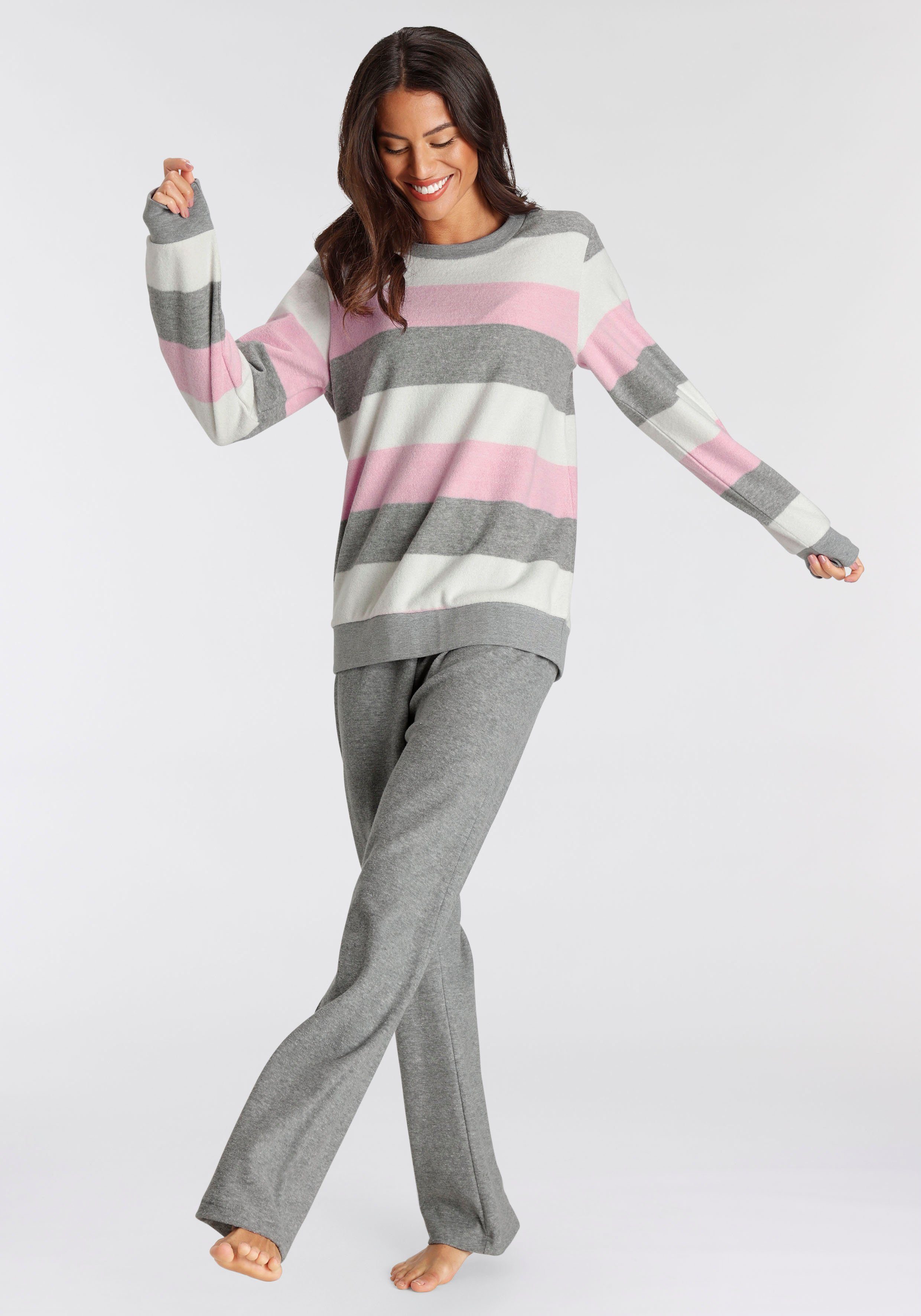 Vivance Dreams Pyjama (2 Colorblock tlg) und Frottée mit aus grau-rosa weichem Streifen