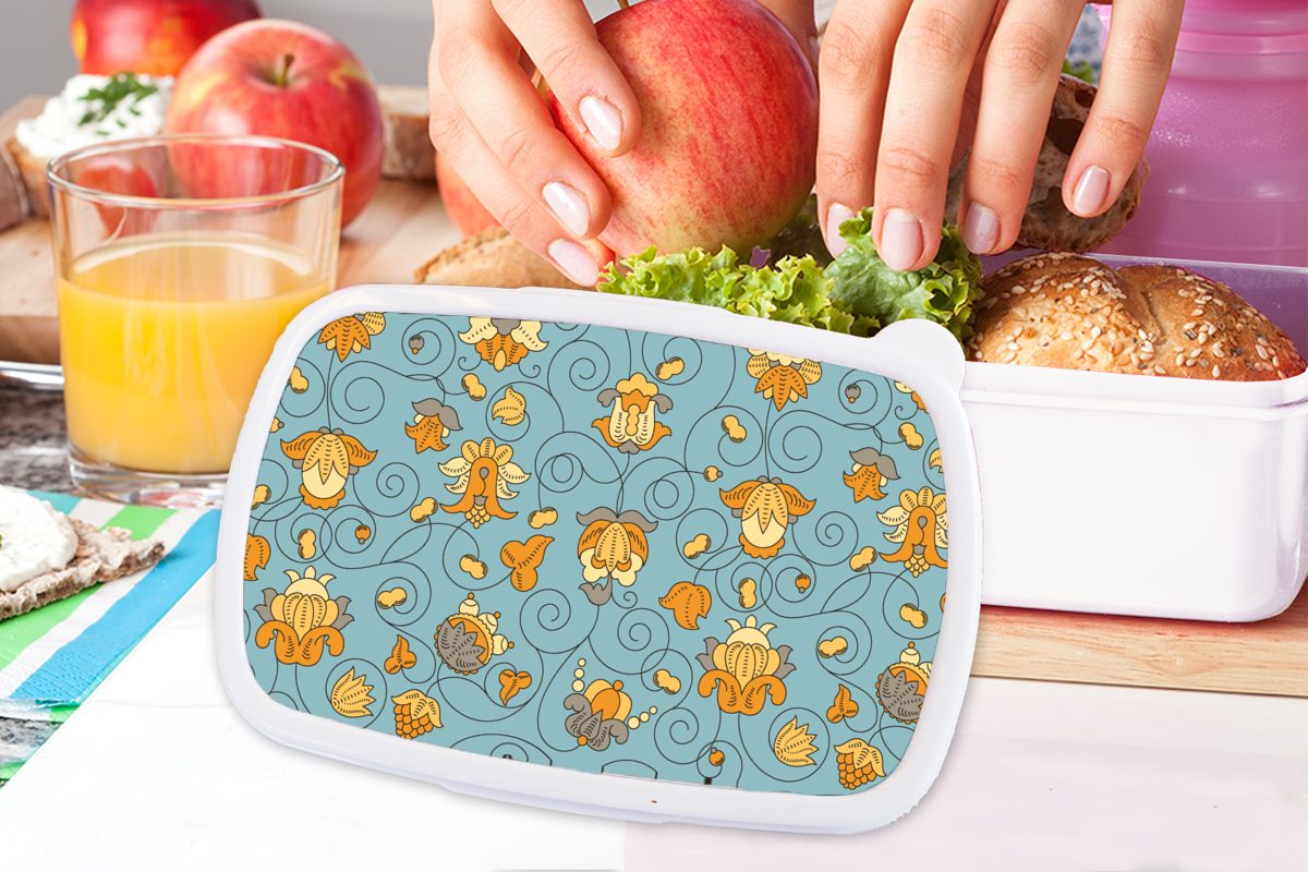 MuchoWow Lunchbox Muster - Vintage für für Kinder Erwachsene, Kunststoff, Jungs und - Mädchen (2-tlg), Brotbox Blumen, weiß Brotdose, und