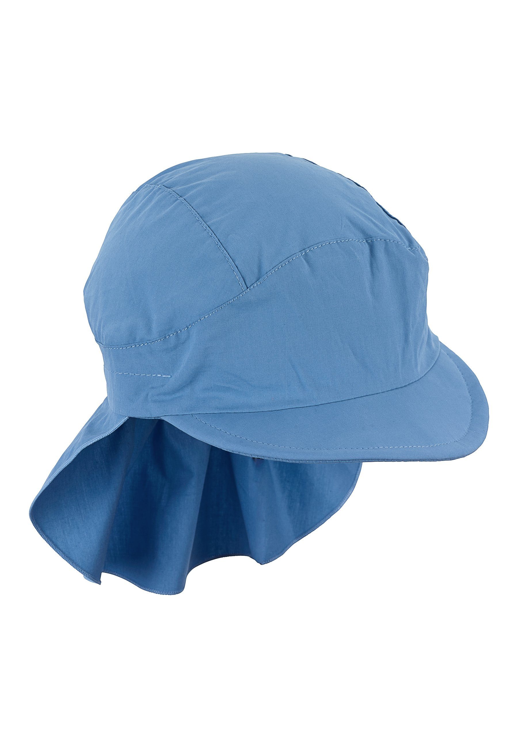 Sterntaler® Beanie Schirmmütze mit Nackenschutz Erstlingsmütze Schirm unifarben UV-Popeline UV-Sonnenschutz mit Sternen 50) (1-St., Kindermütze mid blue aus bedruckt mit