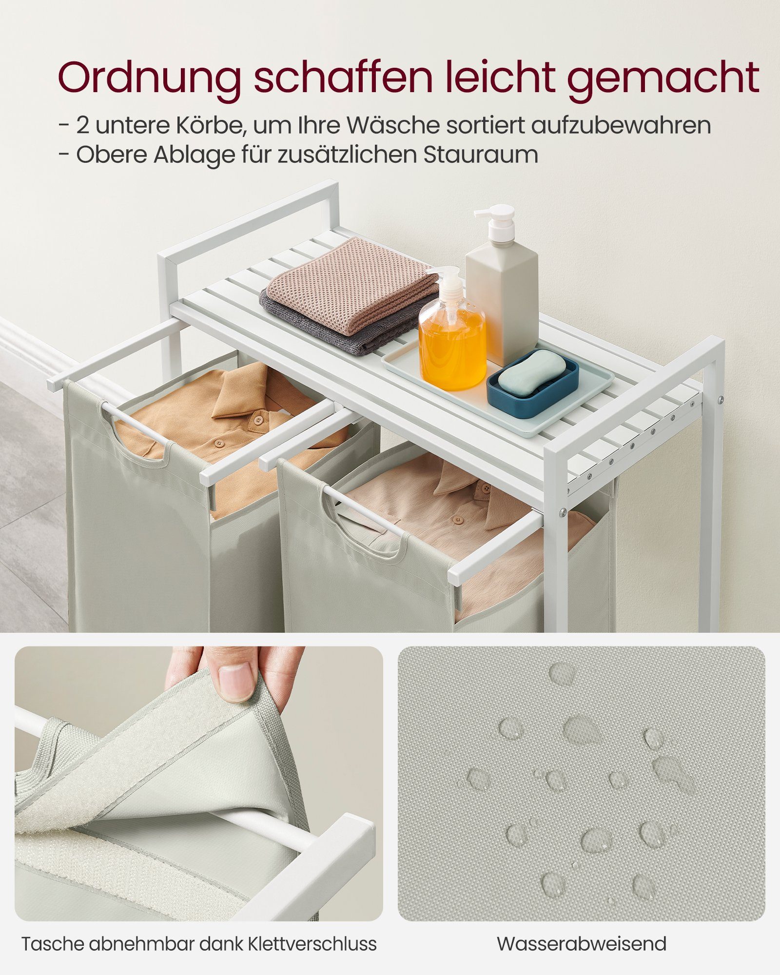 VASAGLE Wäschekorb 2 Wäschesäcke aus Oxford-Gewebe, abnehmbar, 2 Wäschesäcke aus Oxford-Gewebe, abnehmbar, 2 x 46 L – Bild 4 von 5