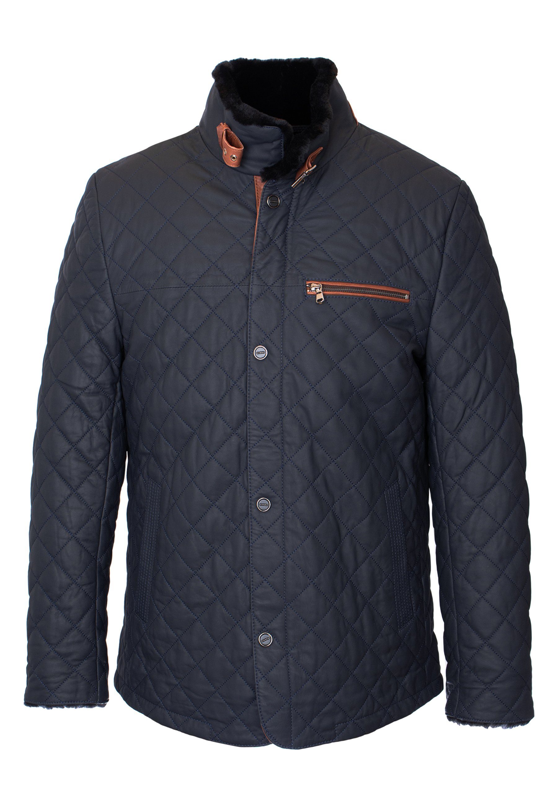 Lolus Lederjacke Leno Lammfell Dunkelblau Braun Hochwertige Winter Echtleder Steppjacke mit weichem Lammfell Futter