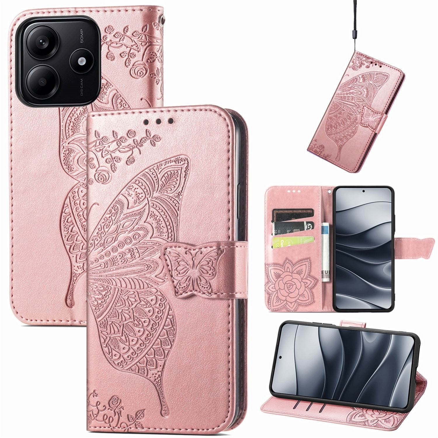 Wigento Smartphone-Hülle Für Xiaomi Redmi Note 14 5G Kunstleder Wallet Schmetterling Hülle Rosa, Kunst-Leder Schutzhülle Smart Case Cover magnetischer Verschluss