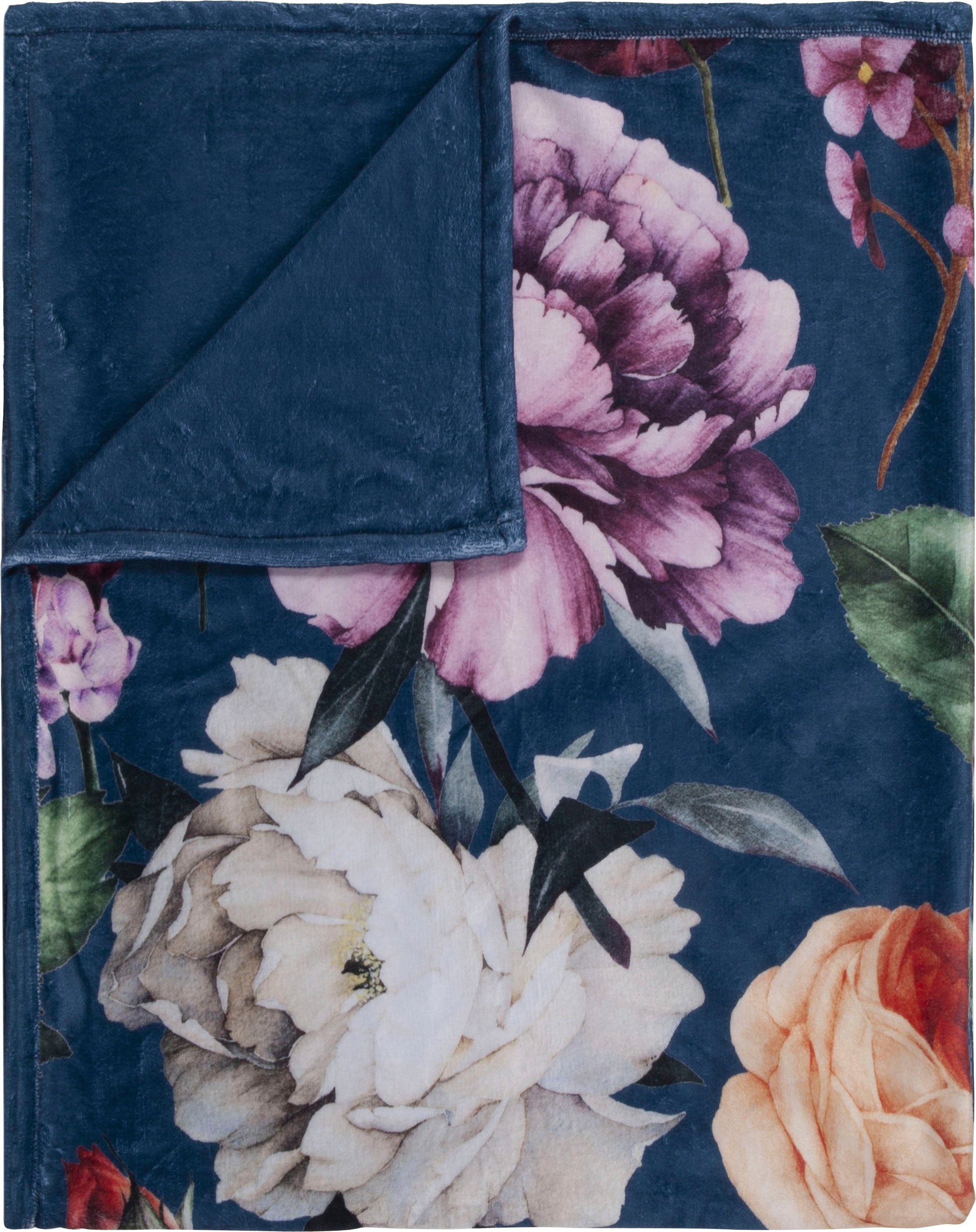 Fiori, blau mit Plaid Descanso, Kuscheldecke Umschlagsaum,