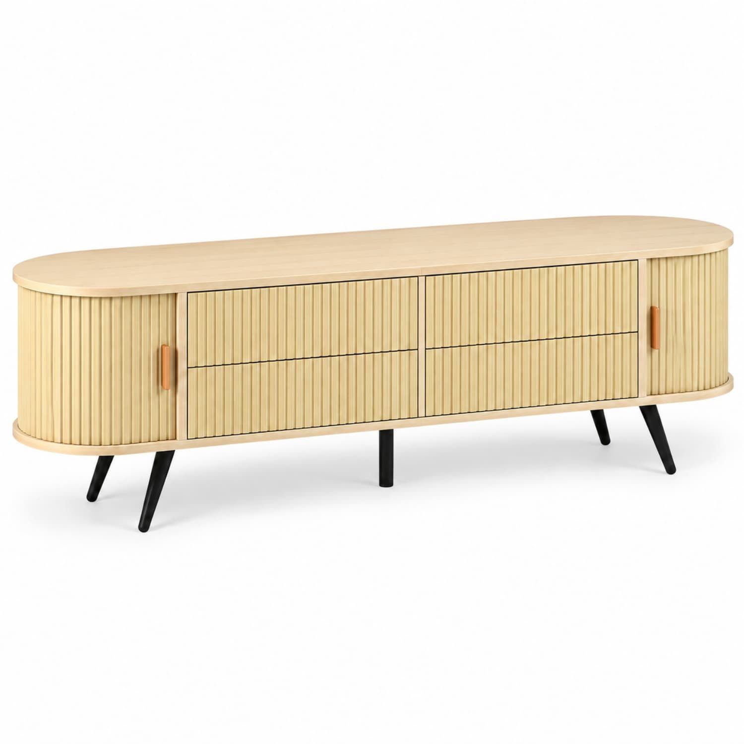 ANYSUN Lowboard mit 4 Schubladen, Stauraum, Rillenfront & Schiebetür, 180 × 40 × 45 cm, TV-Schrank in Naturholzoptik mit abgerundetem Design & Metallfüßen