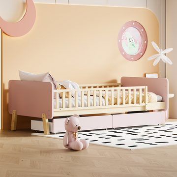 IDEASY Kinderbett Kinderbett 90x190, mit 2 Schubladen, Einzelbett aus Massivholz, weiß/rosa, abgerundete Kanten, 20 cm über dem Boden