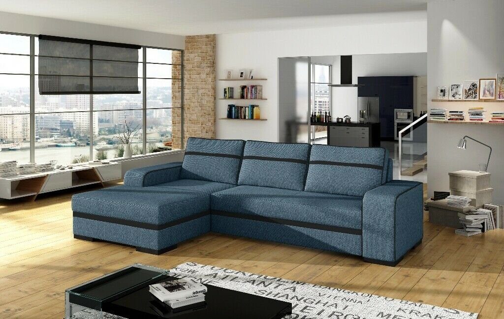 JVmoebel Ecksofa Schlafsofa Eck Sofa Couch Polster Eck Garnitur Schlaffunktion, Mit Bettfunktion Blau/Schwarz