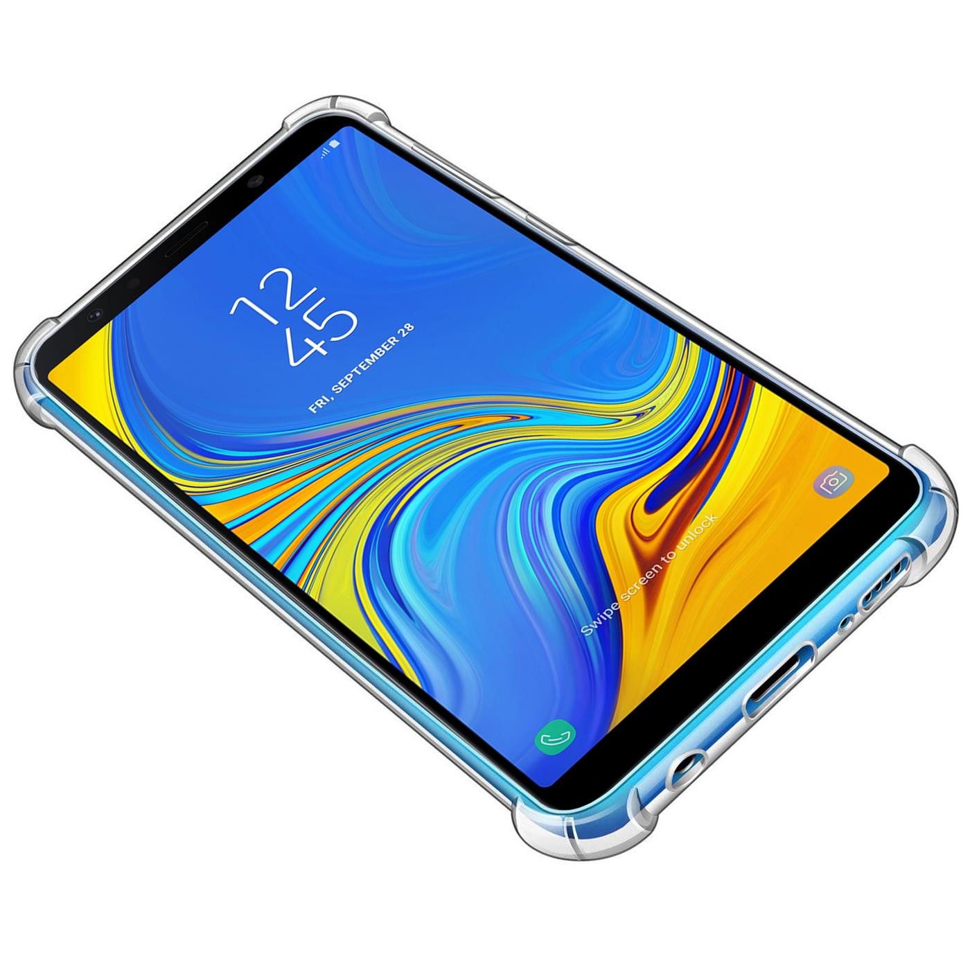 CoolGadget Handyhülle Transparent als 2in1 Schutz Cover Set für das Samsung Galaxy A7 2018 6 Zoll, 2x Glas Display Schutz Folie + 1x TPU Case Hülle für Galaxy A7 2018