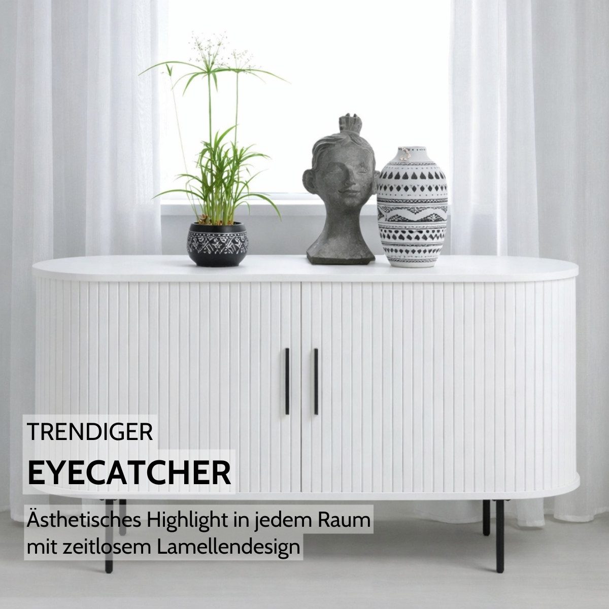 Liadomo Sideboard Uriel, Kommode, Stauraummöbel, 140 oder 180 cm Breite, Furnier in Echtholz, Schiebetüren, Lamellen-Optik, vier Farben