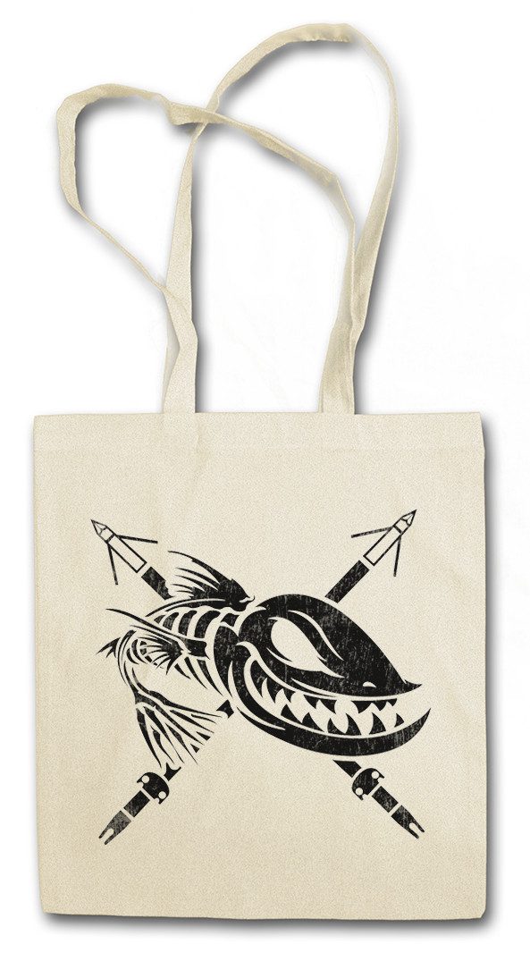 Beuteltasche Dead Grinning Fish Stofftasche Grinsender Harpune Skelett Fischskelett