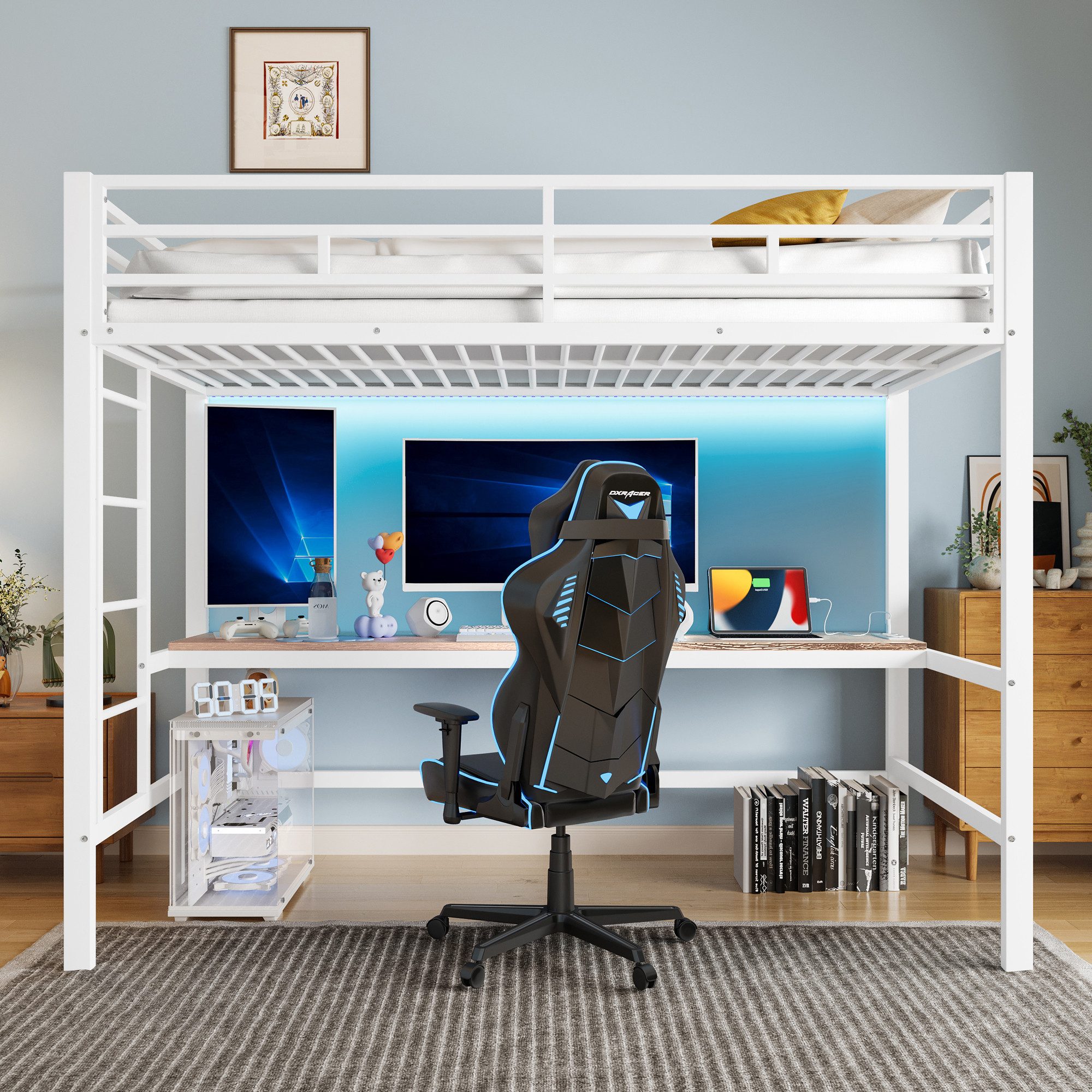 Flieks Hochbett Metallbett 90x200cm mit Leiter, Schreibtisch mit Aufladenfu günstig online kaufen