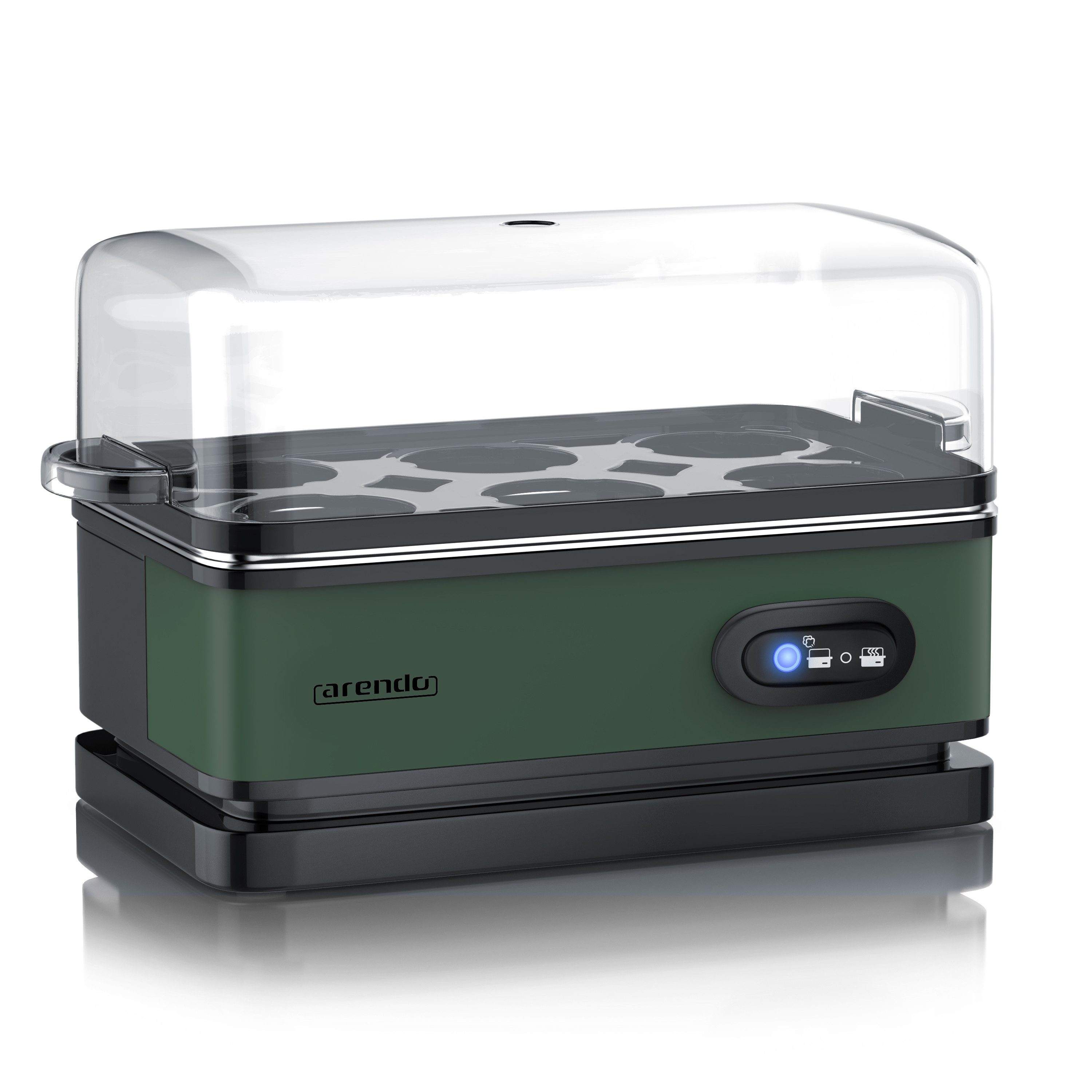 Arendo Eierkocher Sixcook mit Warmhaltefunktion, Härtegrad wählbar, Edelstahl, grün, Anzahl Eier: 6 St., 400 W, Signalton, Kocheinsatz mit Griff, spülmaschinengeeignet, rechteckig