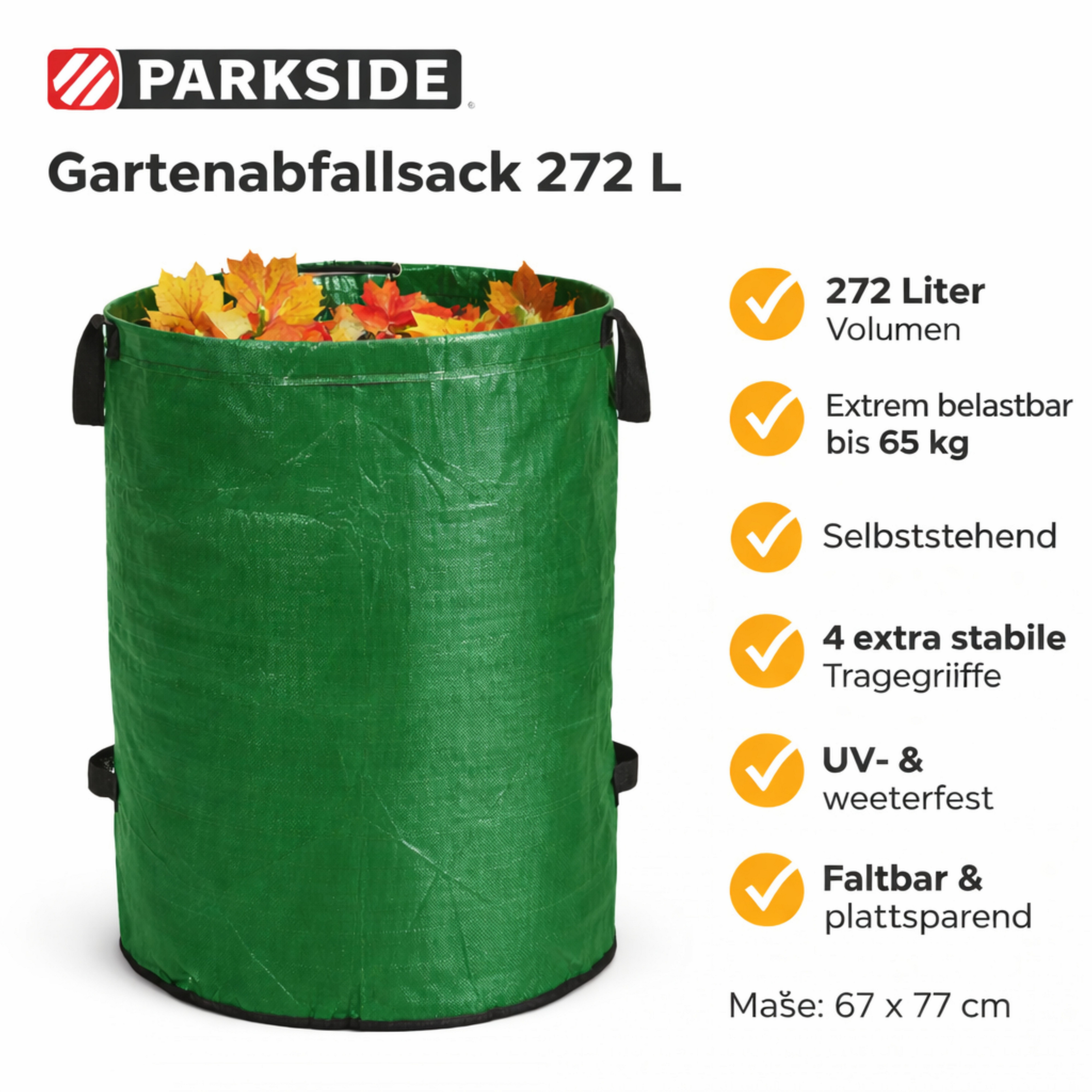 Florabest Gartensack Florabest Gartenabfallsack 275 l selbststehend, für Gartenarbeit, Laub, Gartenabfälle, Grünabfälle, Gartenpflege, Kompost, 272 l, (Einzelartikel, 1-tlg., 1 Gartenabfallsack mit Spannring), selbststehend, UV-beständig, witterungsbeständig, faltbar