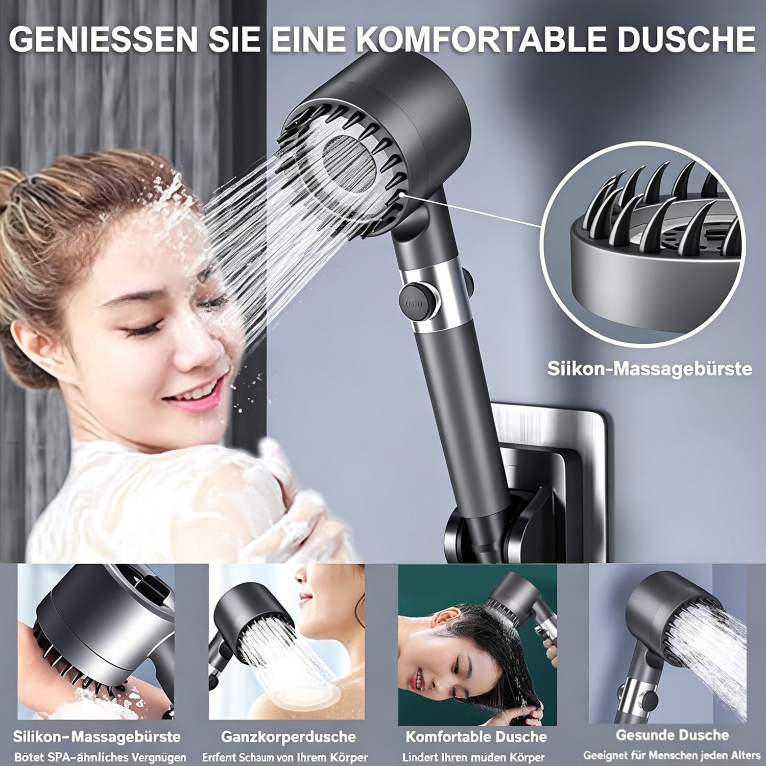 BOOD Handbrause Hochdruck-Duschkopf mit Filter und Ein-Knopf-Stoppfunktion,3 Modi, (Packung, Montage erforderlich), Packungsinhalt Grau2: 1 Handbrause+4 Filterw – Bild 4 von 5