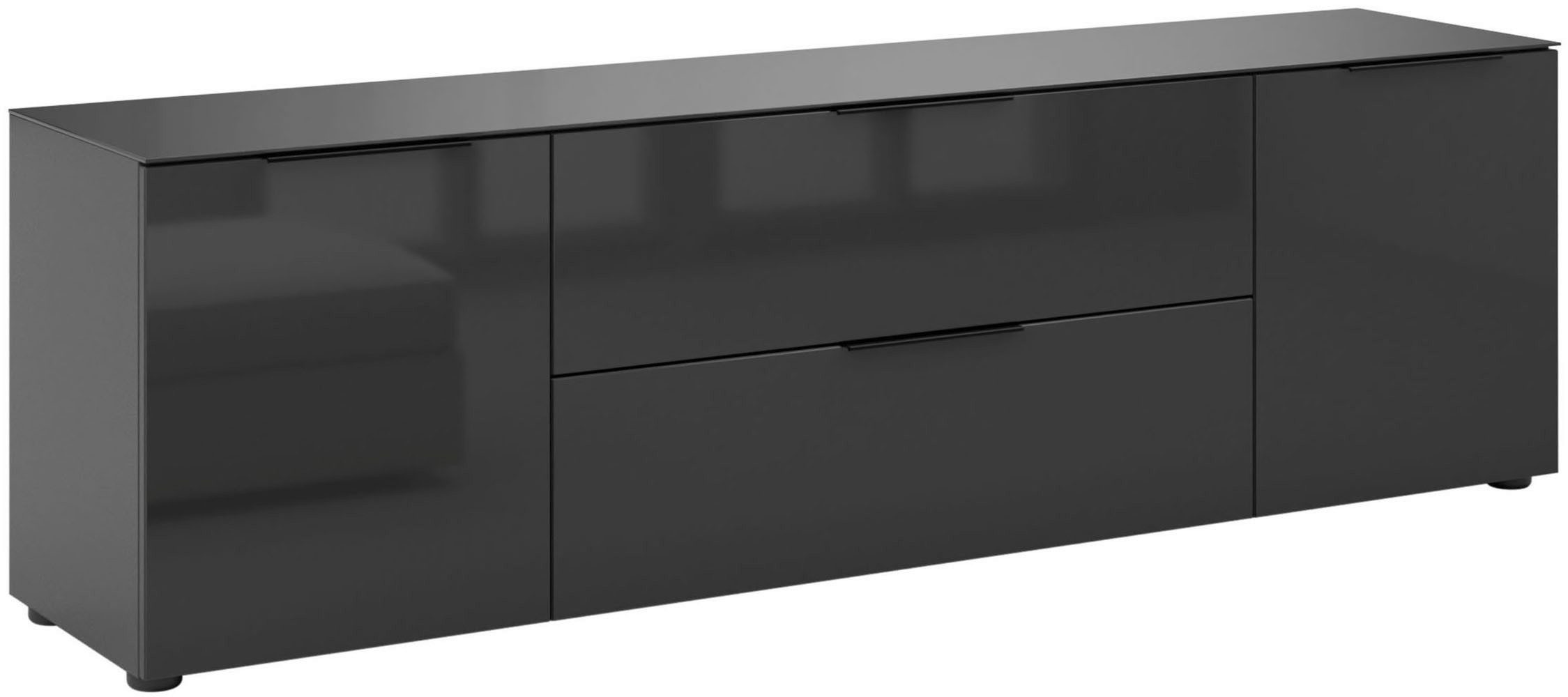 Manjana Möbel Lowboard mit Chrom oder Schwarz matten Metallgriffen, mit Glasfronten, melaminbeschichtete Oberfläche, Made in Germany