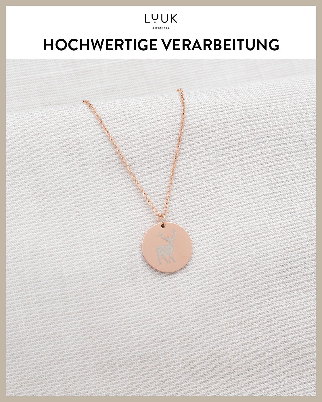 LUUK LIFESTYLE Kette mit Anhänger Reh Münze, mit HAPPINESS Spruchkarte, wasserfest und langlebig