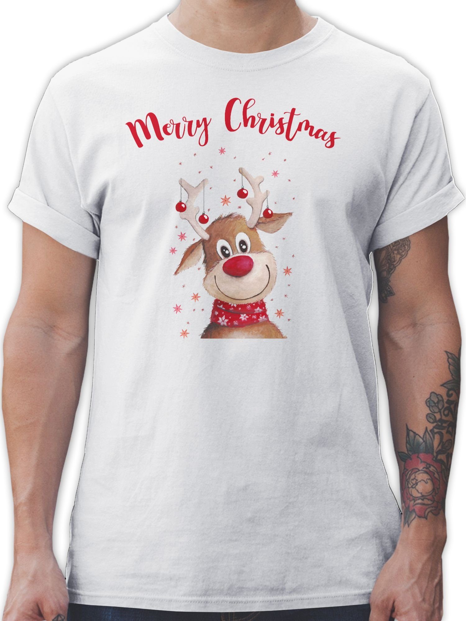 Shirtracer T-Shirt Merry Christmas Rentier Weihachten Kleidung 03 Weiß