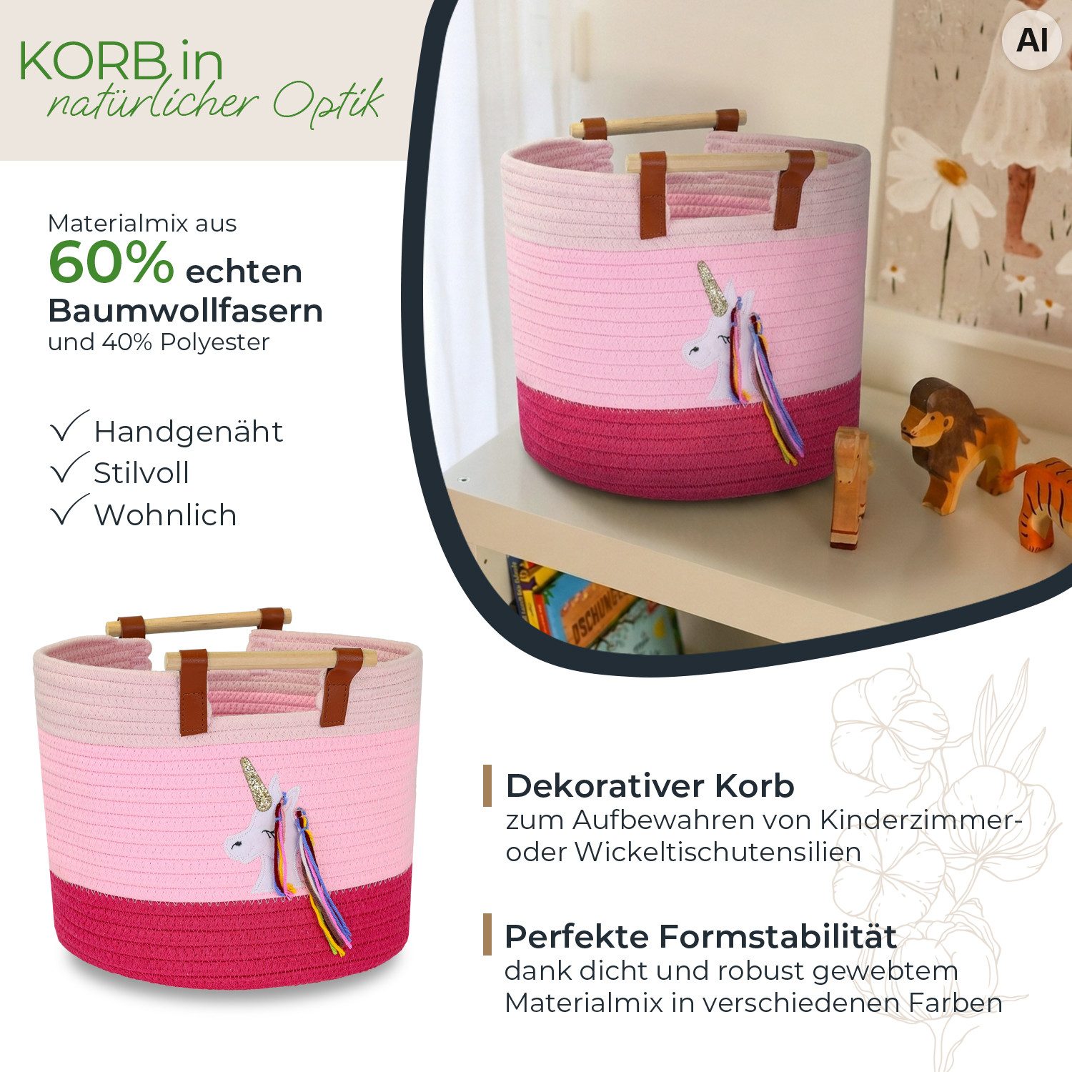 HMF Aufbewahrungskorb Aufbewahrungskorb mit Holzgriffen, runder Korb, Baumwolle für Kinderzimmer oder Babyzimmer, Einhorn, 30 x 30 x 24 cm – Bild 2 von 5