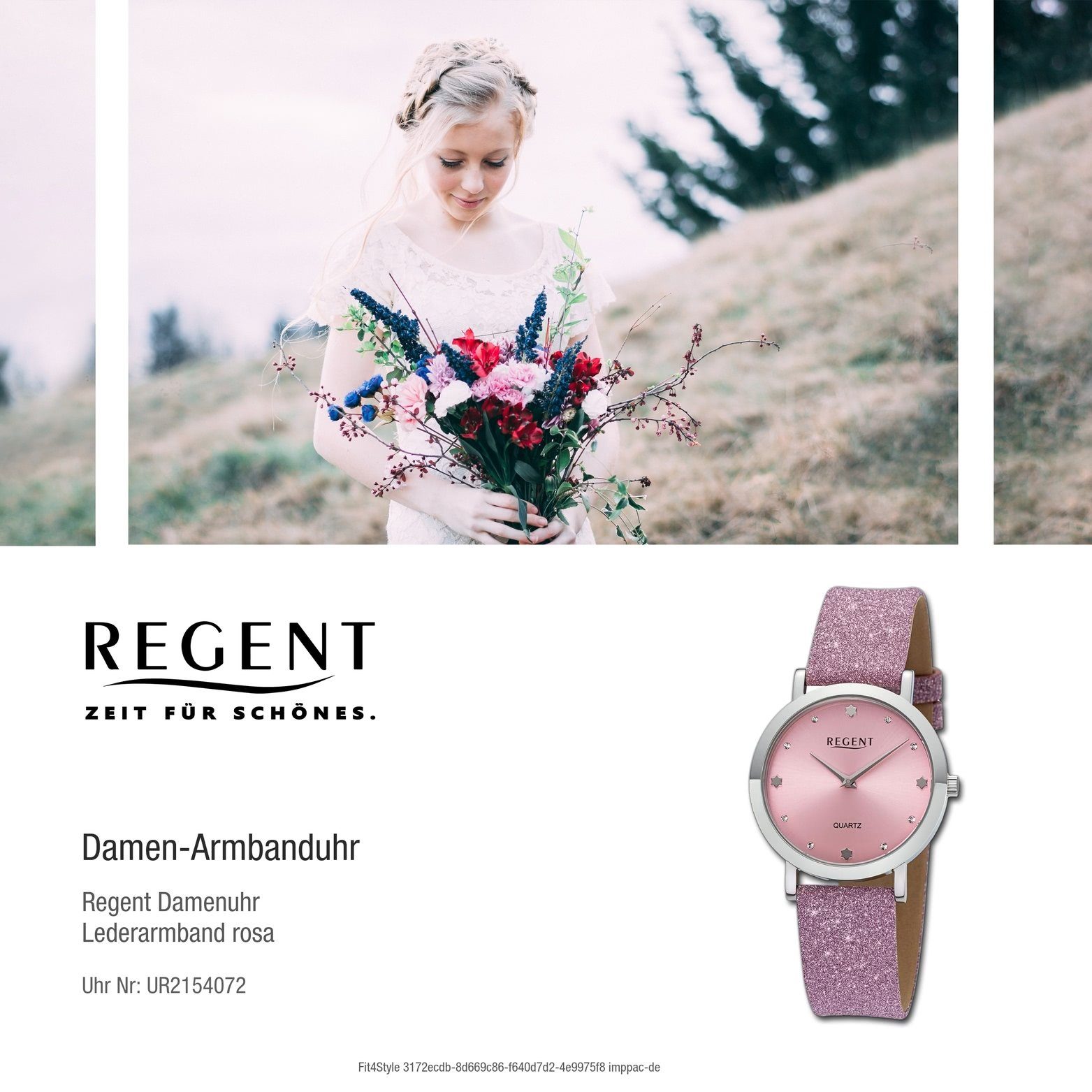 extra Quarzuhr Damen rundes Regent rosa, Damenuhr (ca. Armbanduhr 32,5mm) Regent groß Lederarmband Gehäuse, Analog,