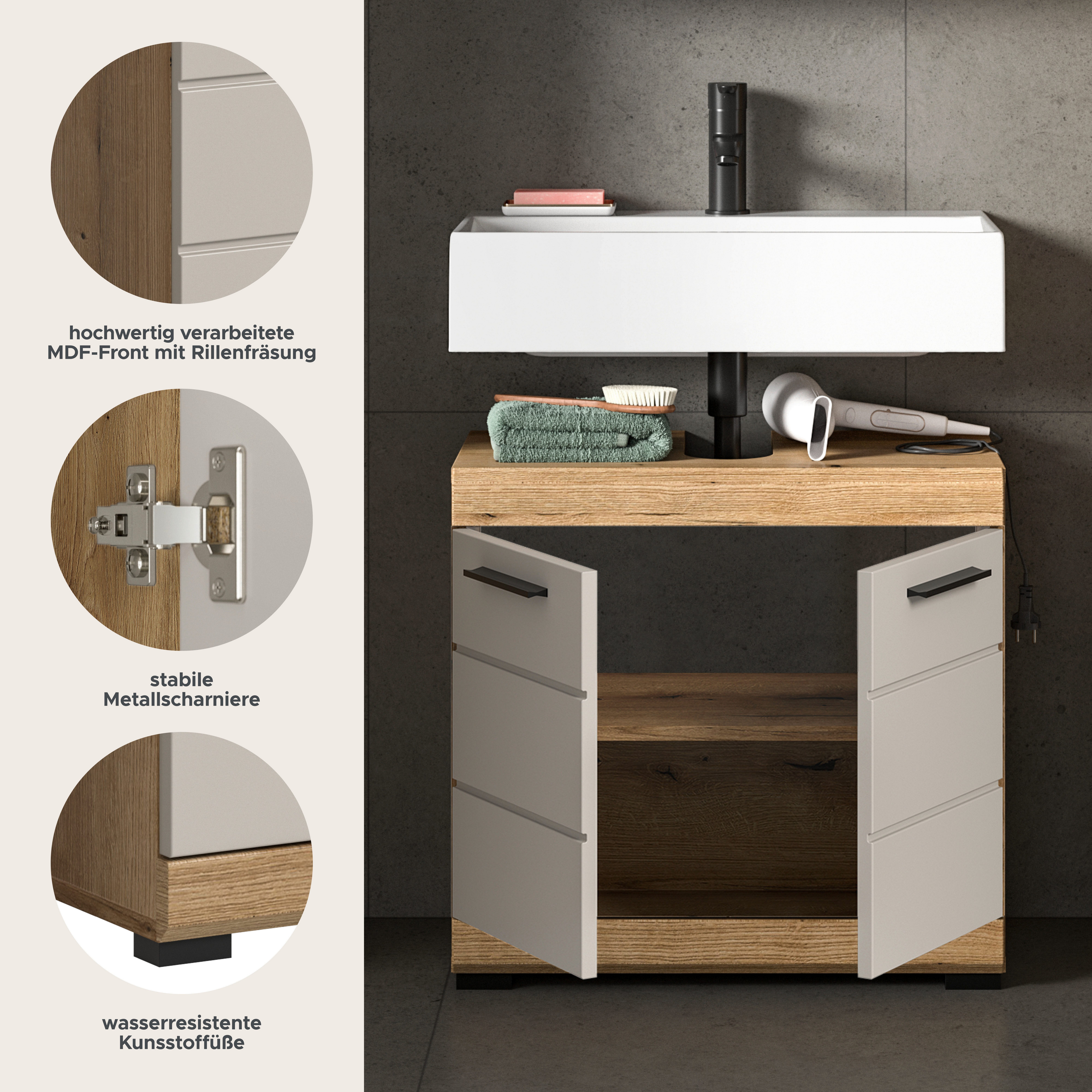 welltime Waschbeckenunterschrank SIENA, Breite 60cm, mit 2 Türen oder 2 Schubkästen, MDF-Front (1-St., TOPSELLER!, mit Siphonausschnitt 10x25 cm) in verschiedenen Farben erhältlich, Badmöbel, Badschrank, Kommode, Bad