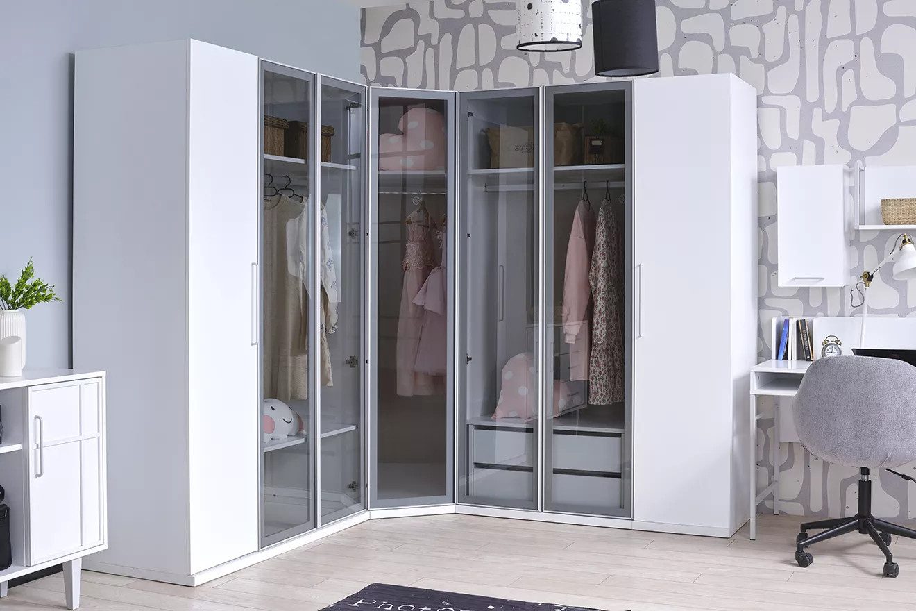 Möbel-Zeit Kleiderschrank LIKYA – Konfigurierbar: Weiß, Glas oder Spiegel – 2x LED-Kleiderstange