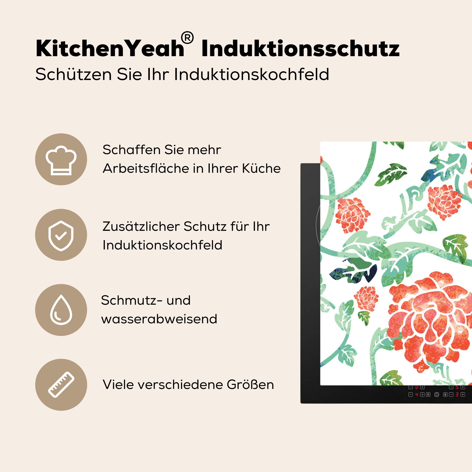 Herdblende-/Abdeckplatte 59x52 Vinyl, Blumen (1 Blätter die Muster MuchoWow - tlg), küche, für Aquarell, Induktionsmatte cm, - Ceranfeldabdeckung -