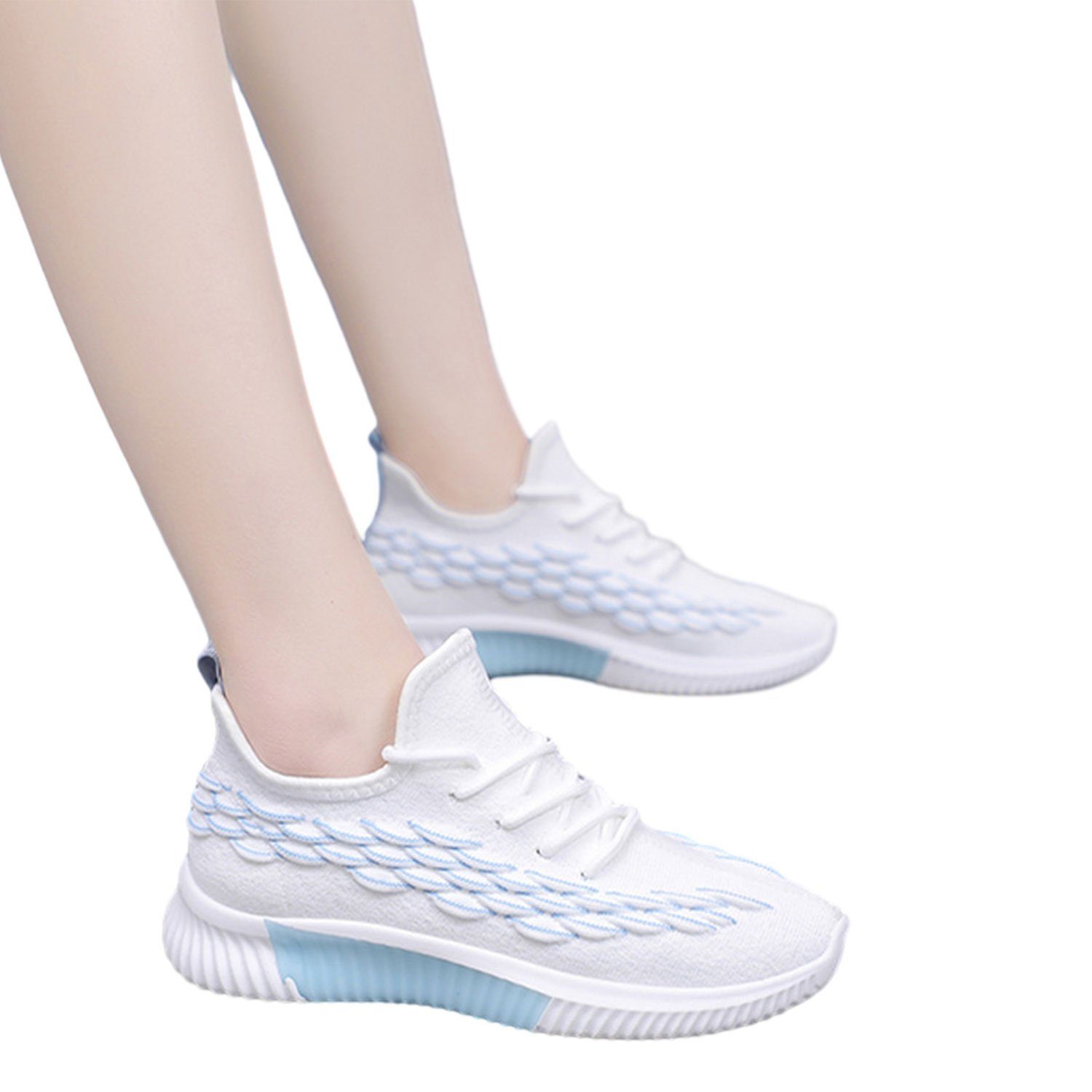 Daisred Turnschuhe Damen Leichtgewichts Sportschuhe Strickmaterial Sneaker Weiß-Blau