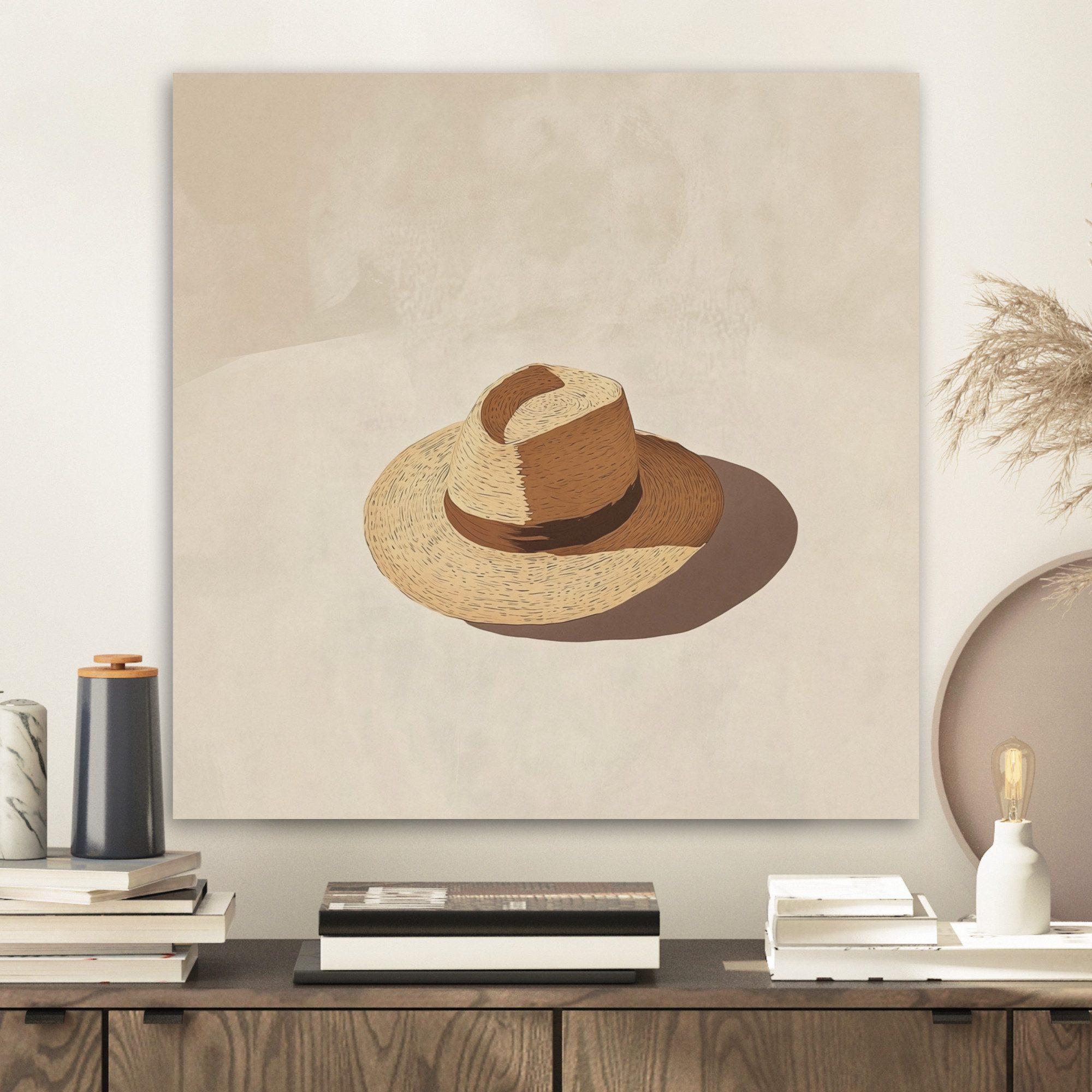 MuchoWow Gemälde Hut - Minimalistisch - Farbton - Beige, Fotodruck (1 St), Akustikbilder PET-Filz, Wandpaneele, Akustikpaneele 40x40 cm