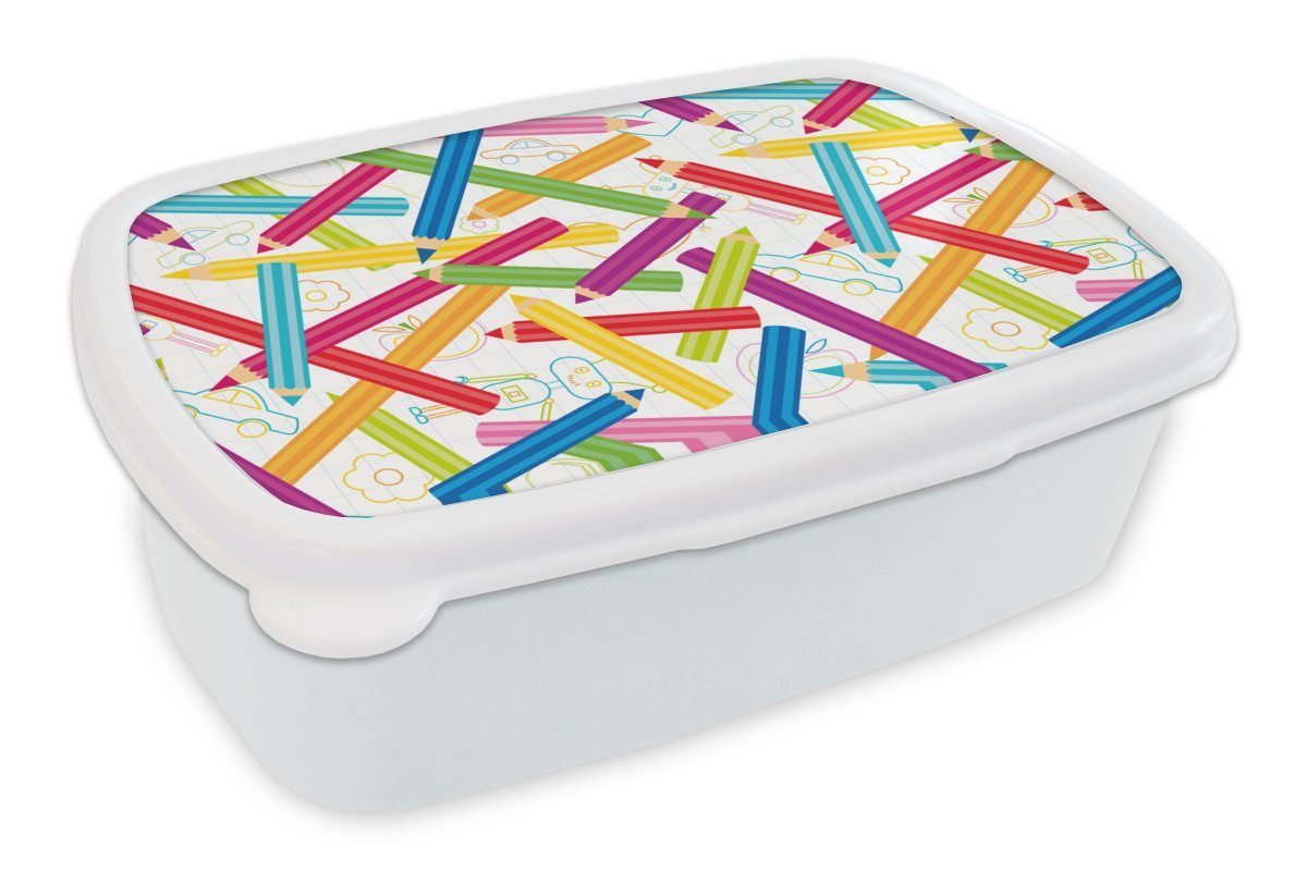 MuchoWow Lunchbox Bleistift - Muster - Regenbogen, Kunststoff, (2-tlg), Brotbox für Kinder und Erwachsene, Brotdose, für Jungs und Mädchen weiß