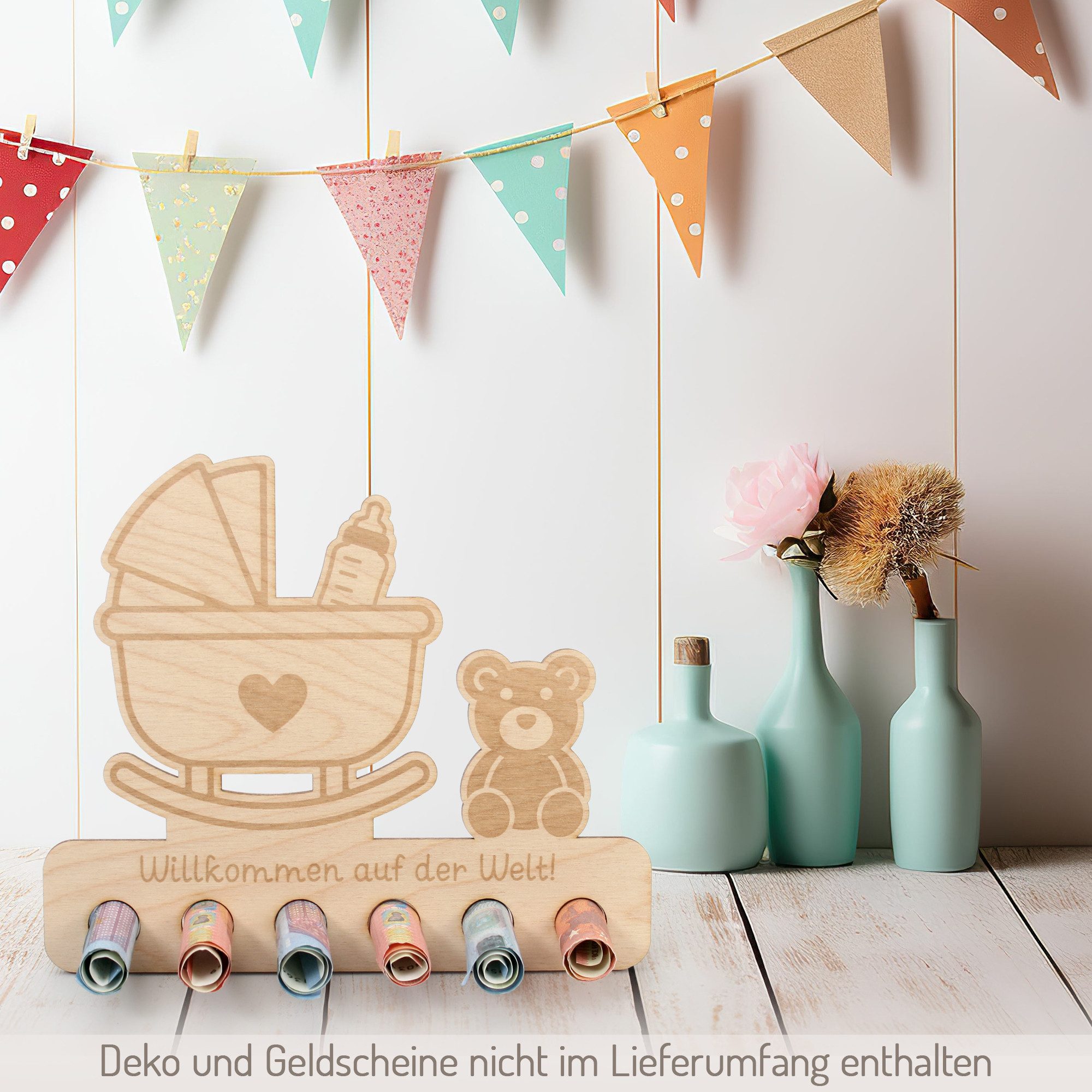 Kreative Feder Glückwunschkarte Geldgeschenk für feierliche Anlässe, origineller Geldscheinhalter aus Holz mit 6 Löchern für Geldscheine