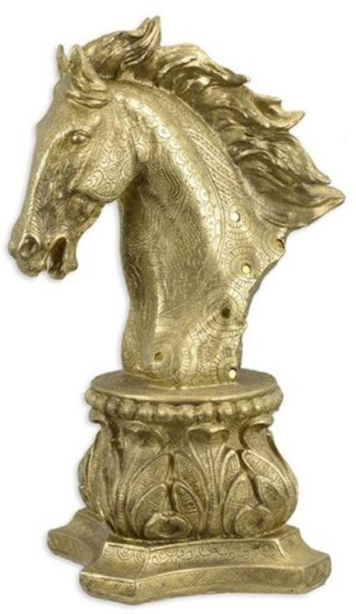 Casa Padrino Dekofigur Casa Padrino Kunstharz Deko Skulptur Pferdekopf auf Barock Sockel Gold 17,9 x 22,5 x H. 40,2 cm - Elegante Dekofigur - Schreibtisch Deko - Wohnzimmer Deko
