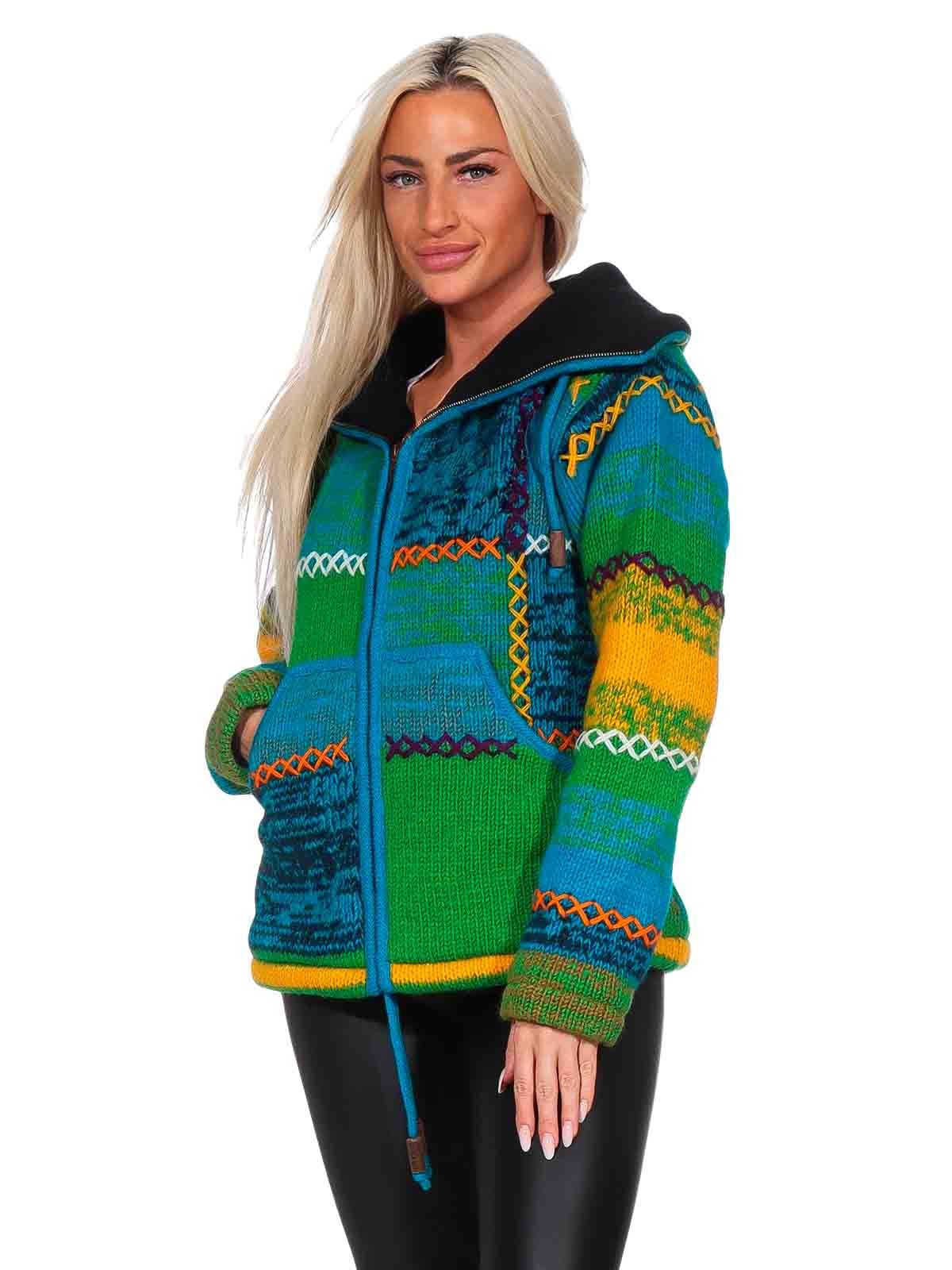 KUNST UND MAGIE Strickjacke Damen Strickjacke Wolle Bunte Patchwork Jacke+Fleecefutter&Hochkragen