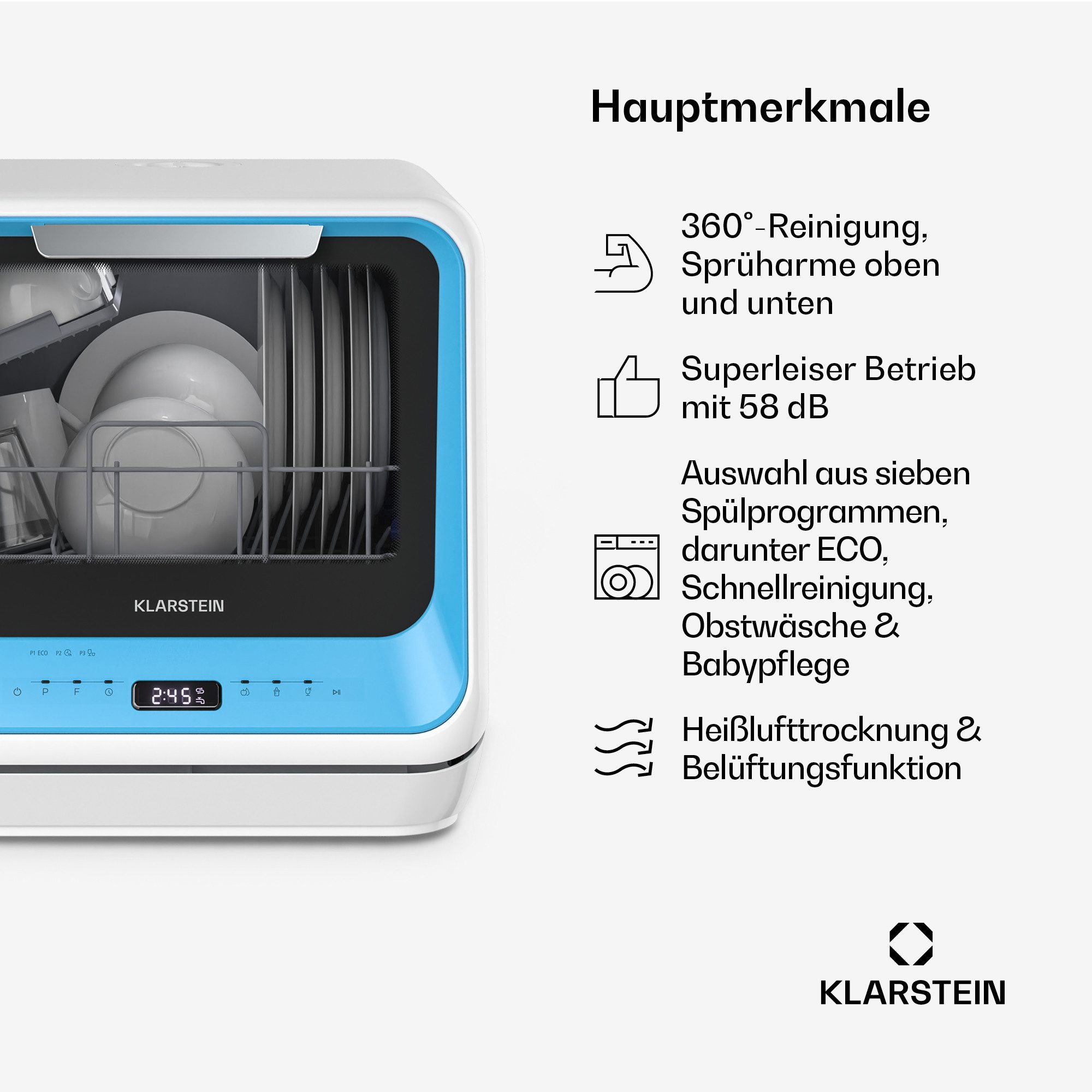 Klarstein Standgeschirrspüler 10047349, 5 l, Mini Spühlmaschine freistehend einbau Aqua Stop Camping Tragbar ECO