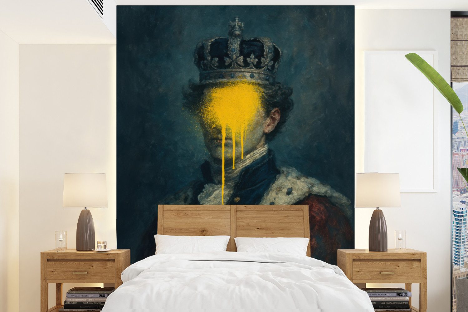 MuchoWow Fototapete König - Porträt - Tropfende gelbe Farbe, Matt, bedruckt, Wallpaper für Wohnzimmer, Schlafzimmer, Vinyl Tapete, 165x220 cm