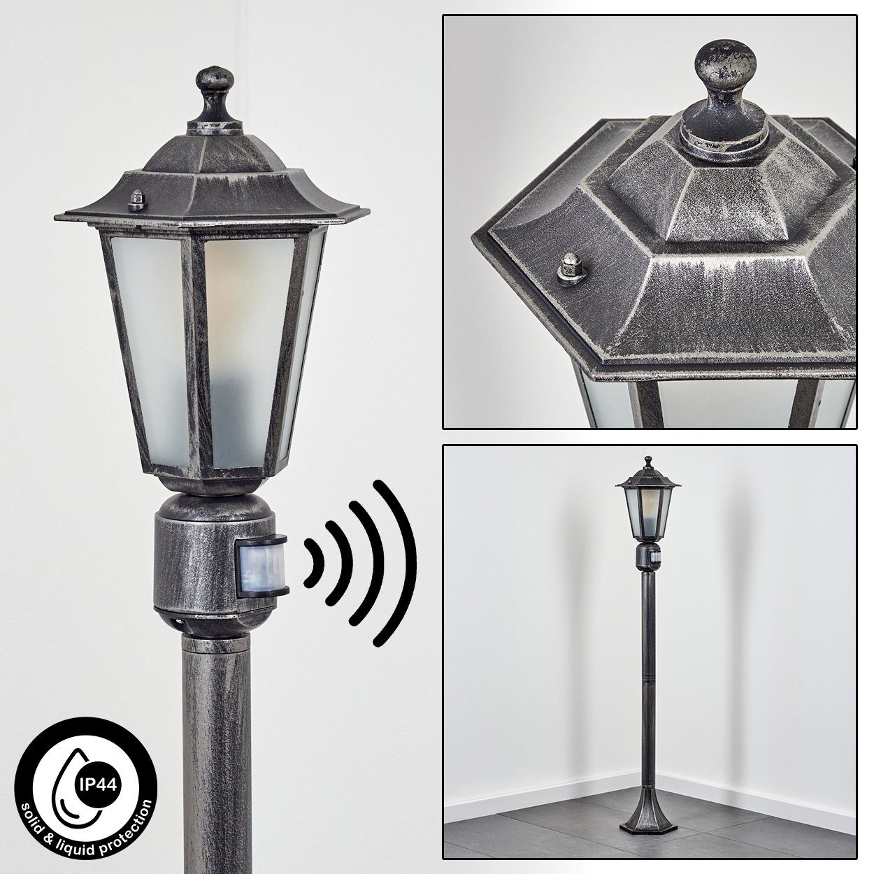 hofstein Pollerleuchte Wegeleuchte m. Bewegungsmelder aus Metall/Glas in Schwarz-Silberfarben, ohne Leuchtmittel, Außenleuchte, Gartenlampe, IP44, 1x E27, ohne Leuchtmittel