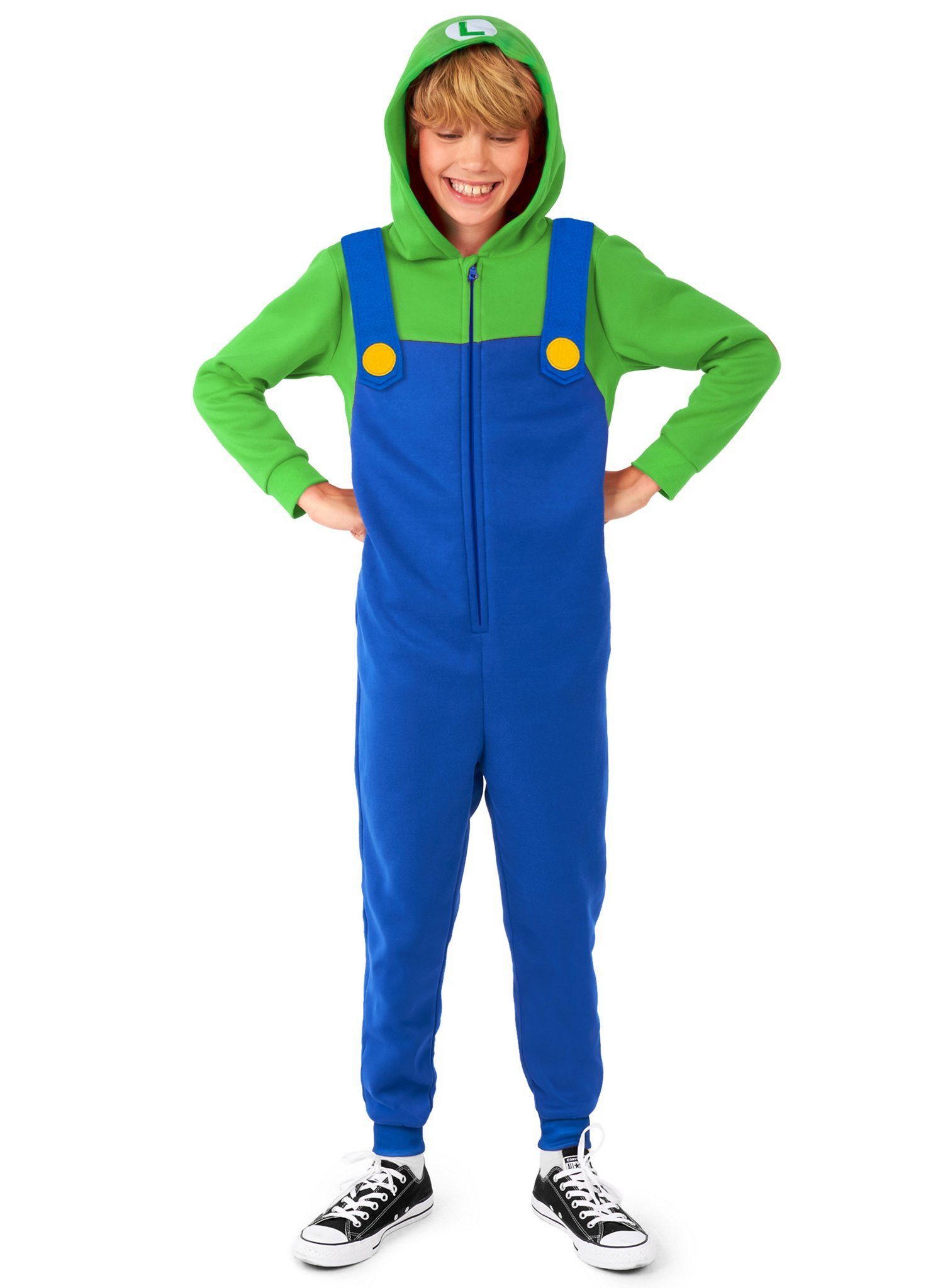 Opposuits Kostüm Luigi Onesie Kostüm Overall Faschingskostüm Kinder, Supergemütlicher Einteiler - offizielles Super Mario-Kostüm!
