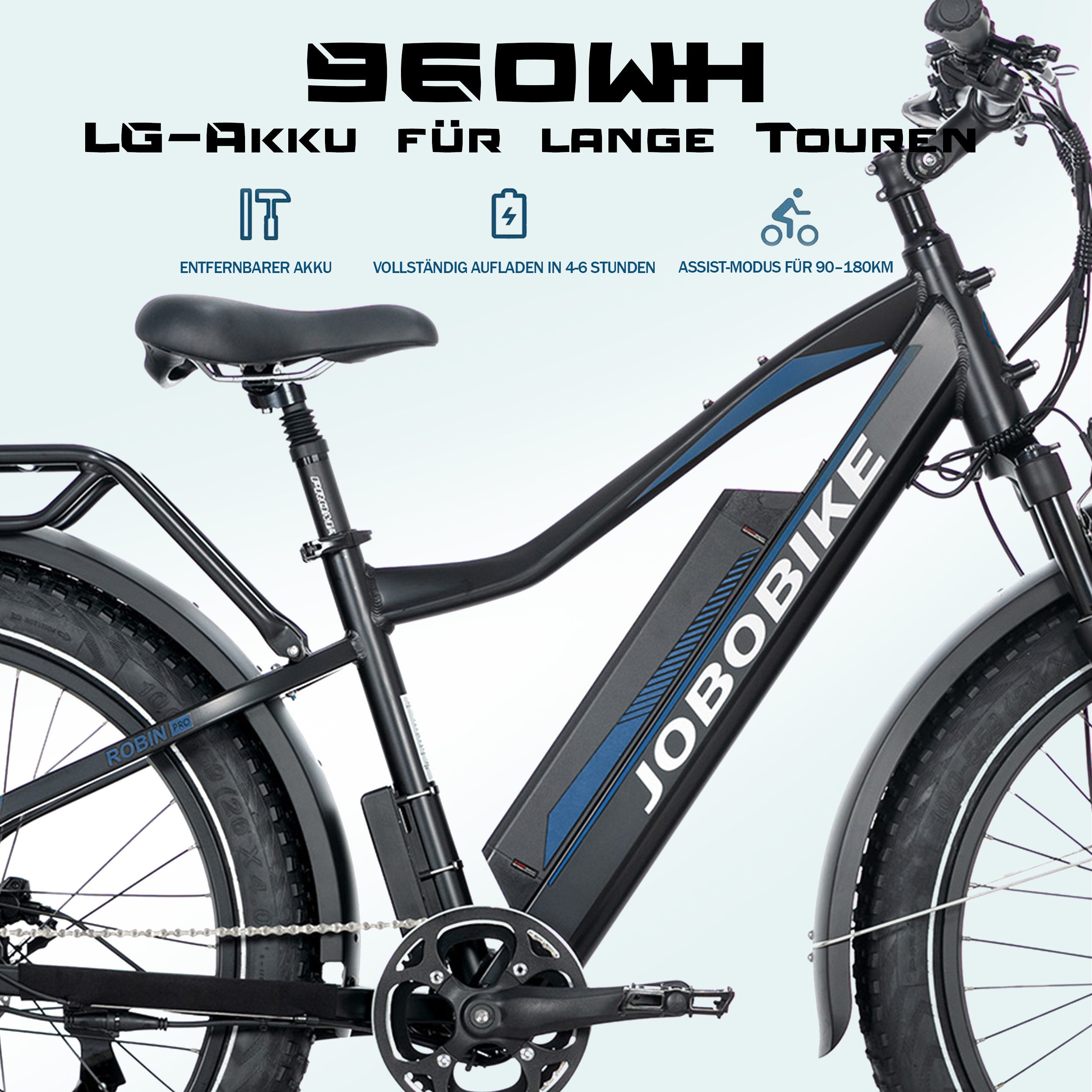JOBOBIKE E-Bike Mountainbike 26x4,0 Zoll, Elektrofahrrad, 180km, Robin Pro, Gefederte Sattelstütze, 8 Gang Shimano, Kettenschaltung, Heckmotor, 960 Wh, Federgabel, 5 Stufen, Bremslichtfunktion, MTB, für Damen und Herren