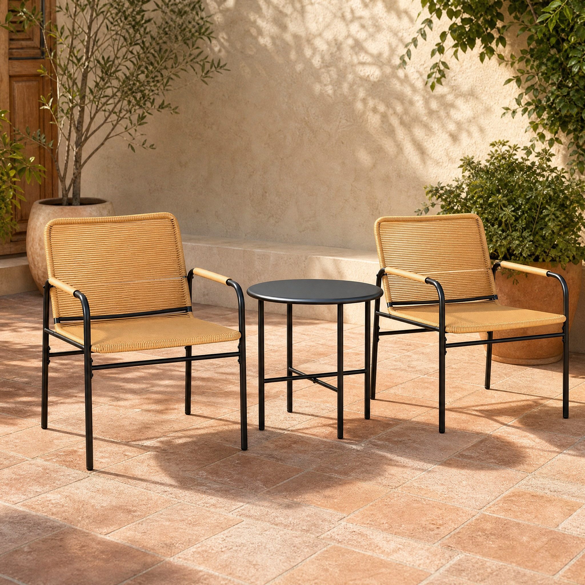 REDOM Sitzgruppe 3-tlg. Ø50x48 cm Rattan Bistroset Gelb, Stahl, 2 Sessel + Tisch, (Set, 3-tlg., Kompakte Sitzgruppe für entspannte 2er Stunden), Für Garten, Terrasse & Balkon – wetterfest
