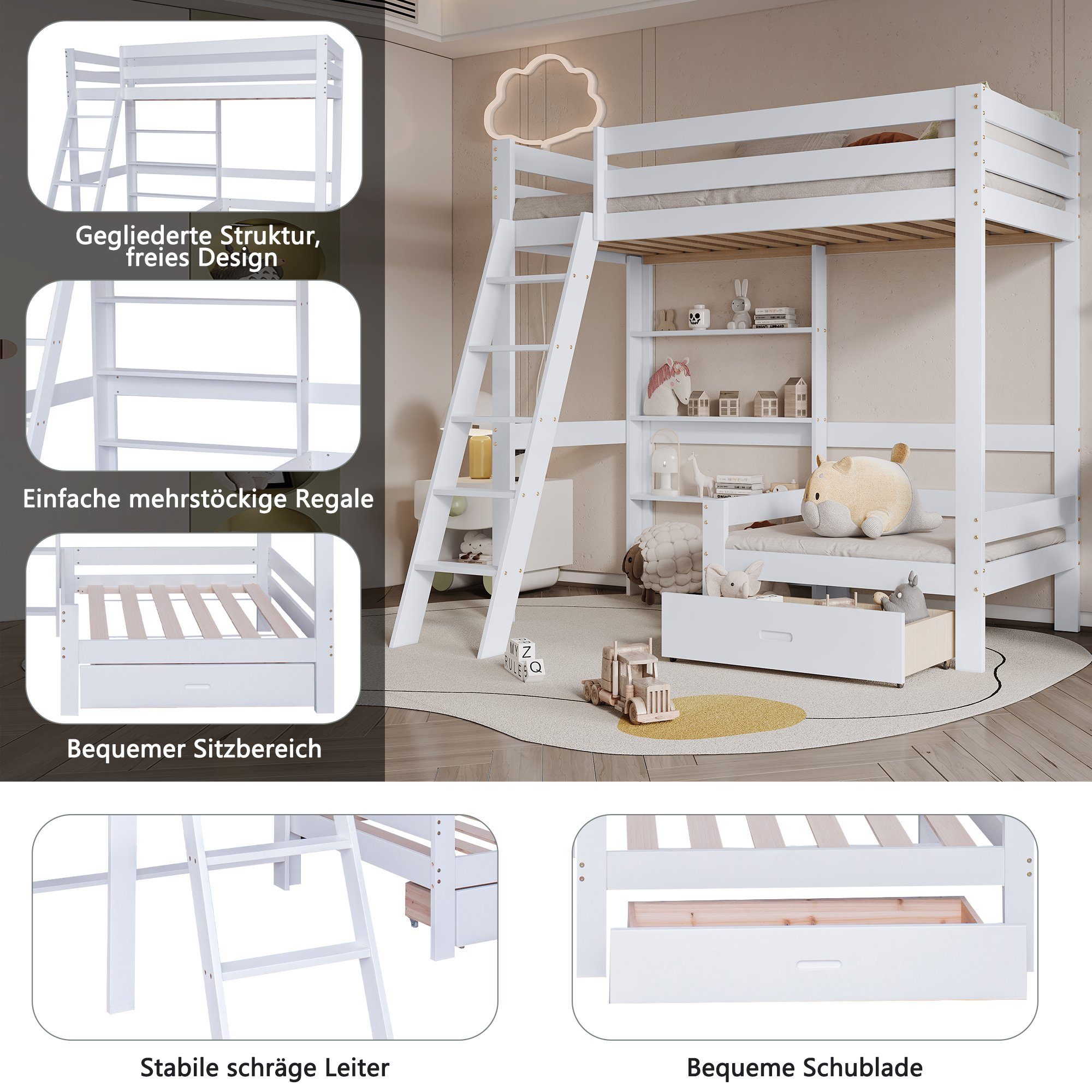 Hochbett Etagenbett mit Regalen, Sofa, Leiter und Schublade, Kiefer, 90x200 cm