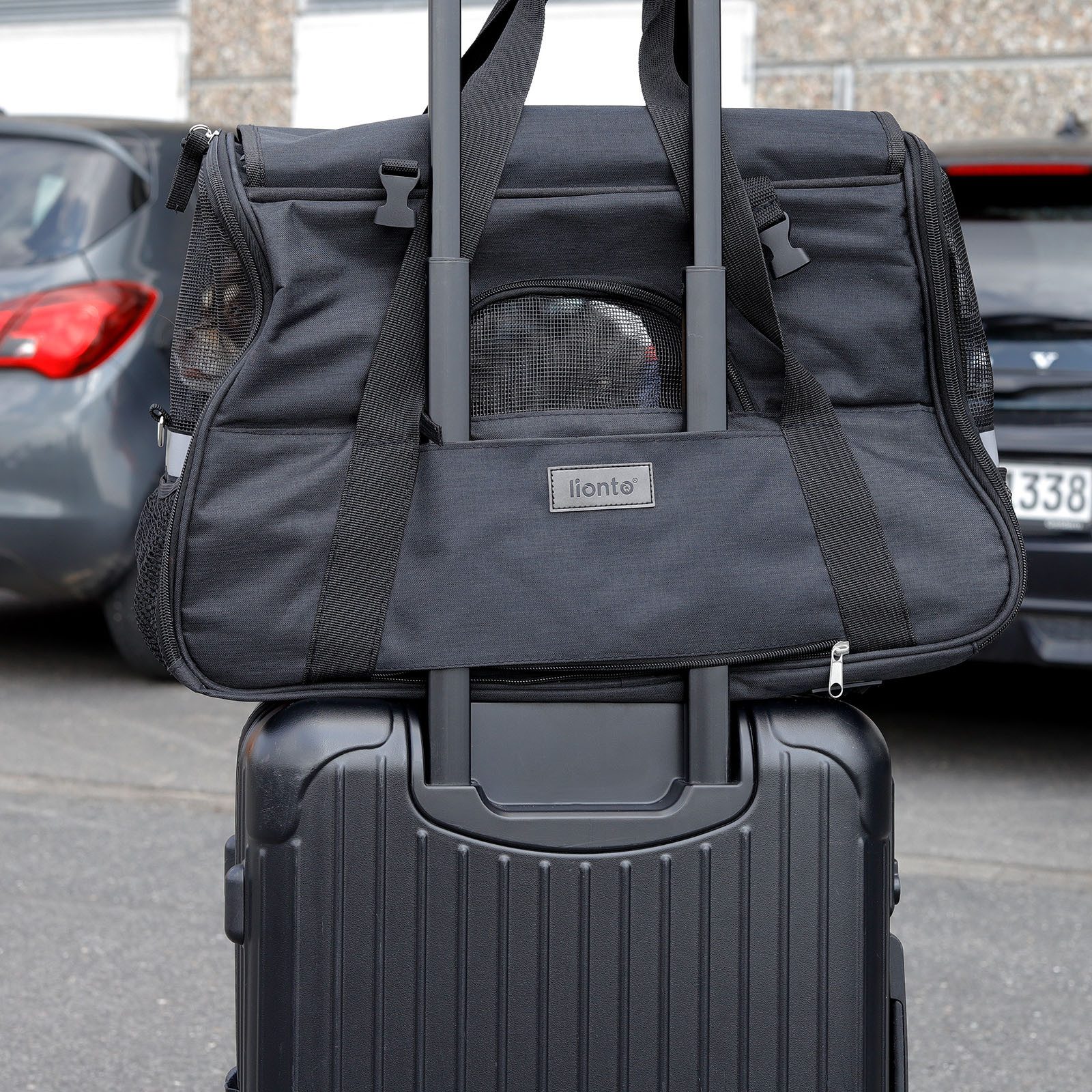 lionto Tiertransportbox weich, Transporttasche 48,5x27x31,5 cm bis 10 kg, mit Tragegriffen, Schultergurt und Koffergriffhalterung