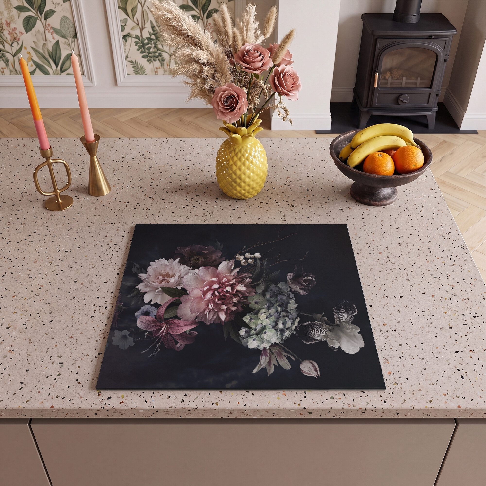 MuchoWow Herd-Abdeckplatte Blumen - Vintage - Pastell - Rosa - Weiß, Vinyl, (1 tlg), Cerankochfeld Abdeckung, Herd Abdeckplatten Vinyl, 58.3x51.3 cm – Bild 2 von 5